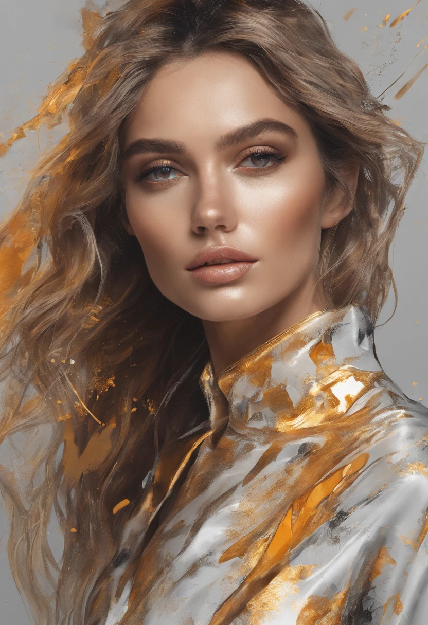 Perfect centralization, Fantastic Beams Golden Black Fantastic, alegria, Standing position, beleza abstrata, Centrado, looking at the camera, Facing the camera, Approaching perfection, Dynamic, altamente detalhado, liso, foco nítido, 8k, alta resolução, illustration, arte de Carne Griffiths e Wadim Kashin, modelo do instagram foxbeatriz, feixes laranja, feixes pastel, rosto realista,