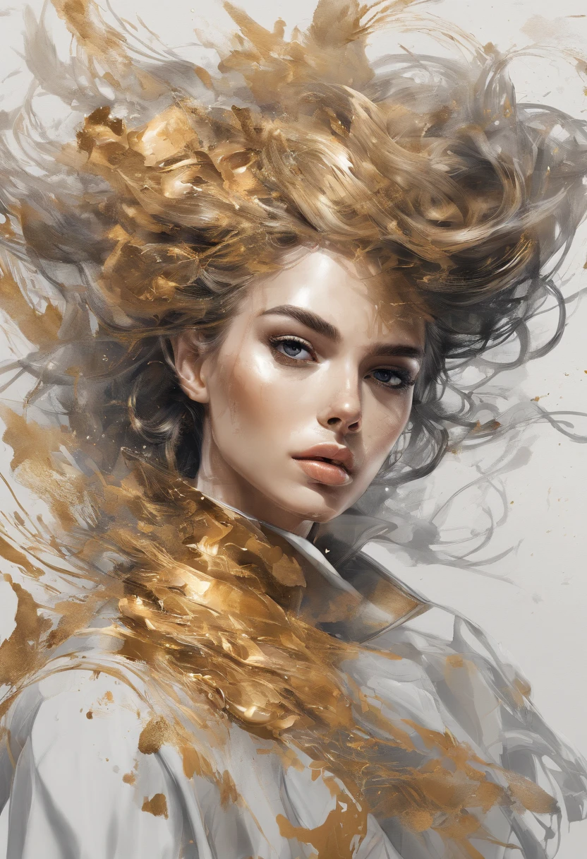 Perfect centralization, Fantastic Beams Golden Black Fantastic, alegria, Standing position, beleza abstrata, Centrado, looking at the camera, Facing the camera, Approaching perfection, Dynamic, altamente detalhado, liso, foco nítido, 8k, alta resolução, illustration, arte de Carne Griffiths e Wadim Kashin, modelo do instagram foxbeatriz, feixes laranja, feixes pastel, rosto realista,