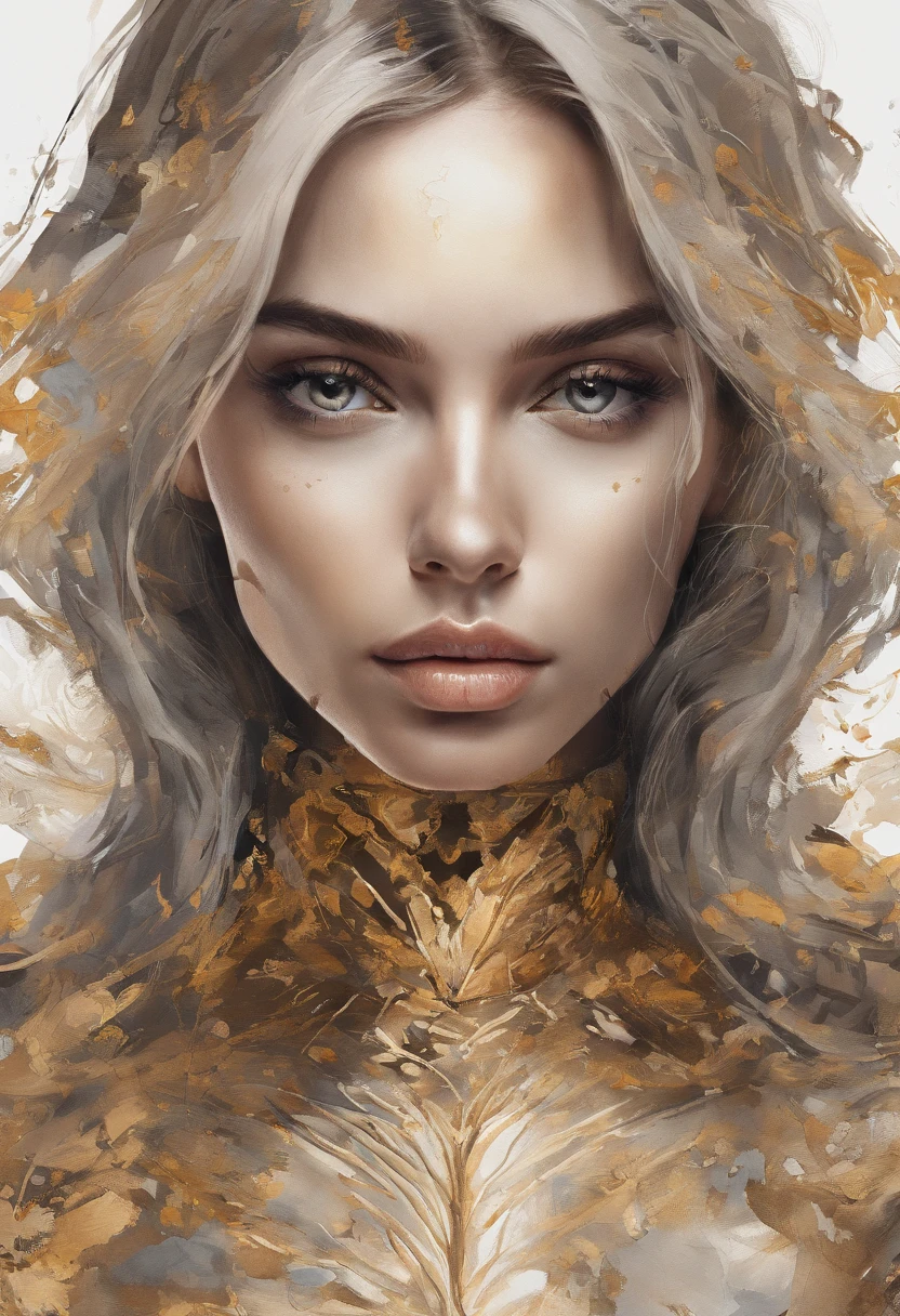 Perfect centralization, Fantastic Beams Golden Black Fantastic, alegria, Standing position, beleza abstrata, Centrado, looking at the camera, Facing the camera, Approaching perfection, Dynamic, altamente detalhado, liso, foco nítido, 8k, alta resolução, illustration, arte de Carne Griffiths e Wadim Kashin, modelo do instagram foxbeatriz, feixes laranja, feixes pastel, rosto realista,