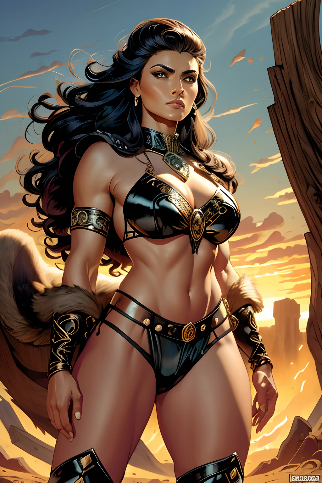 Arte primorosa inspirada John Buscema,1mulher barbara, cabelos longos ondulados, cabelos negros, olhos azuis, corpo delgado atraente, Medium breasts covered by a chainmail, shorts made of leather and boots made with bearskin, olhar arrogante, pose sensual e, ao mesmo tempo, dominante, pelos negros, guerreira segurando um machado