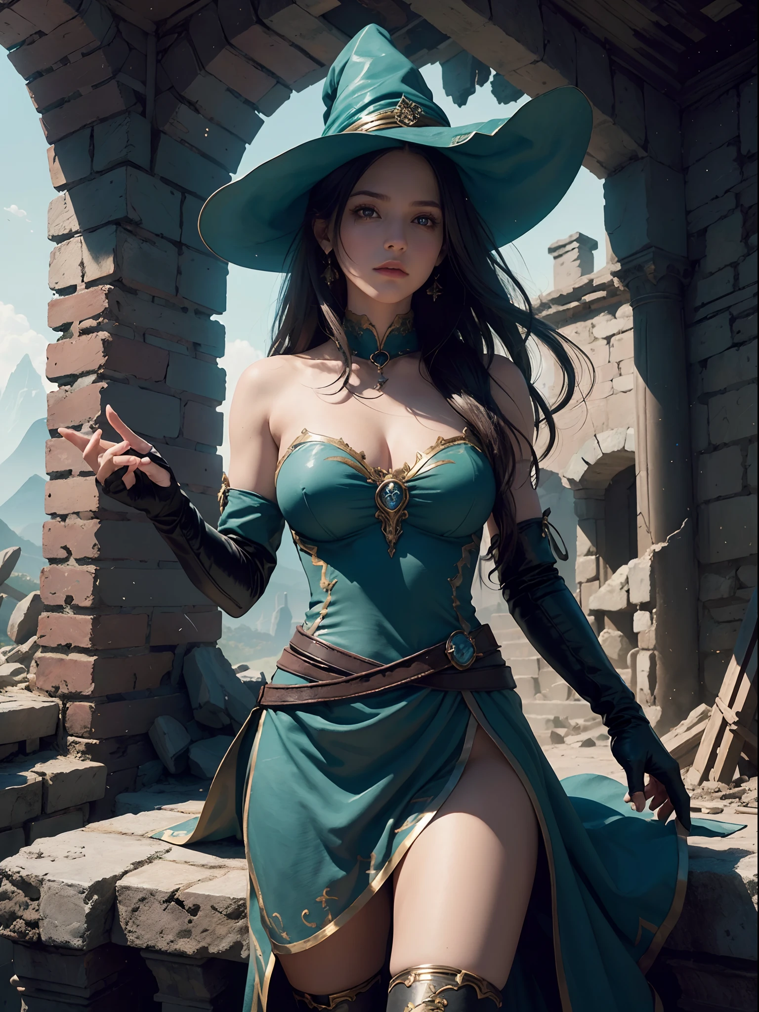 (by Greg Rutkowski: 1.2), (masterpiece), ((best quality)), extremely delicate and beautiful, illustration, dynamic lighting, magician girl in the ruins of an ancient civilization, 1 girl, (close-up), witch, magic, high leg, bare shoulders, knee high boots, elbow gloves, hat, (sparkling eyes), gradient hair, (Zanarkand), broken column, large chiseled bricks, engravings, strange symbols, (fantasy landscape), A mesmerizing fantasy landscape with enchanting elements blending seamlessly. A sense of tranquility and wonder fills the air, inviting exploration and discovery. 8K post-production, high resolution, ((highly detailed)), depth of field, HDR, intricate,