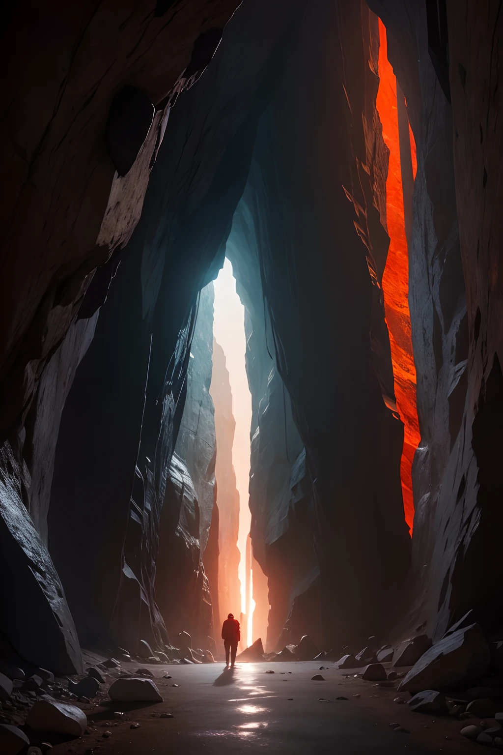 the entrance to a cave, with bats coming out, at the foot of a mountain, with a red light inside