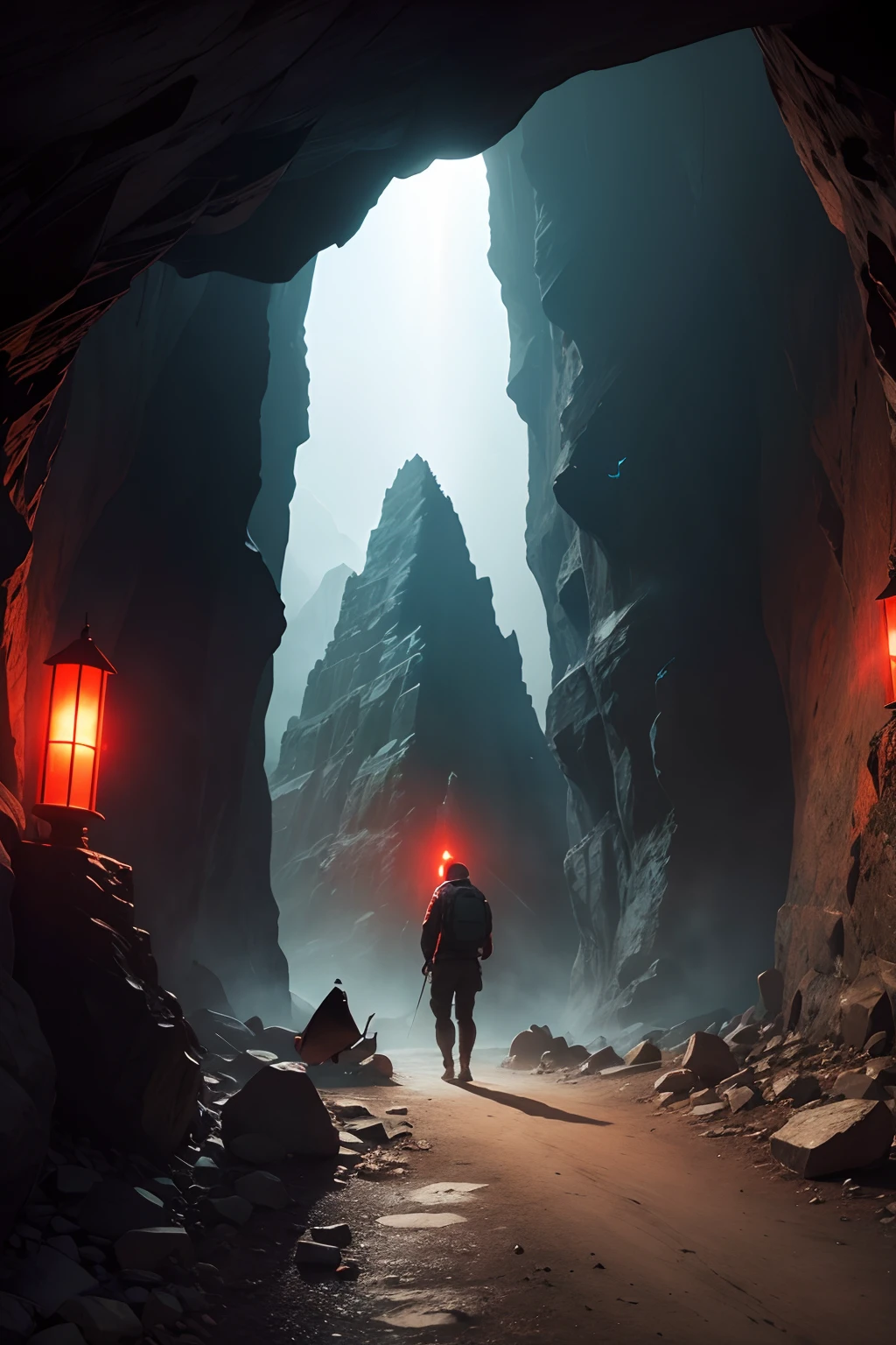 the entrance to a cave, with bats coming out, at the foot of a mountain, with a red light inside