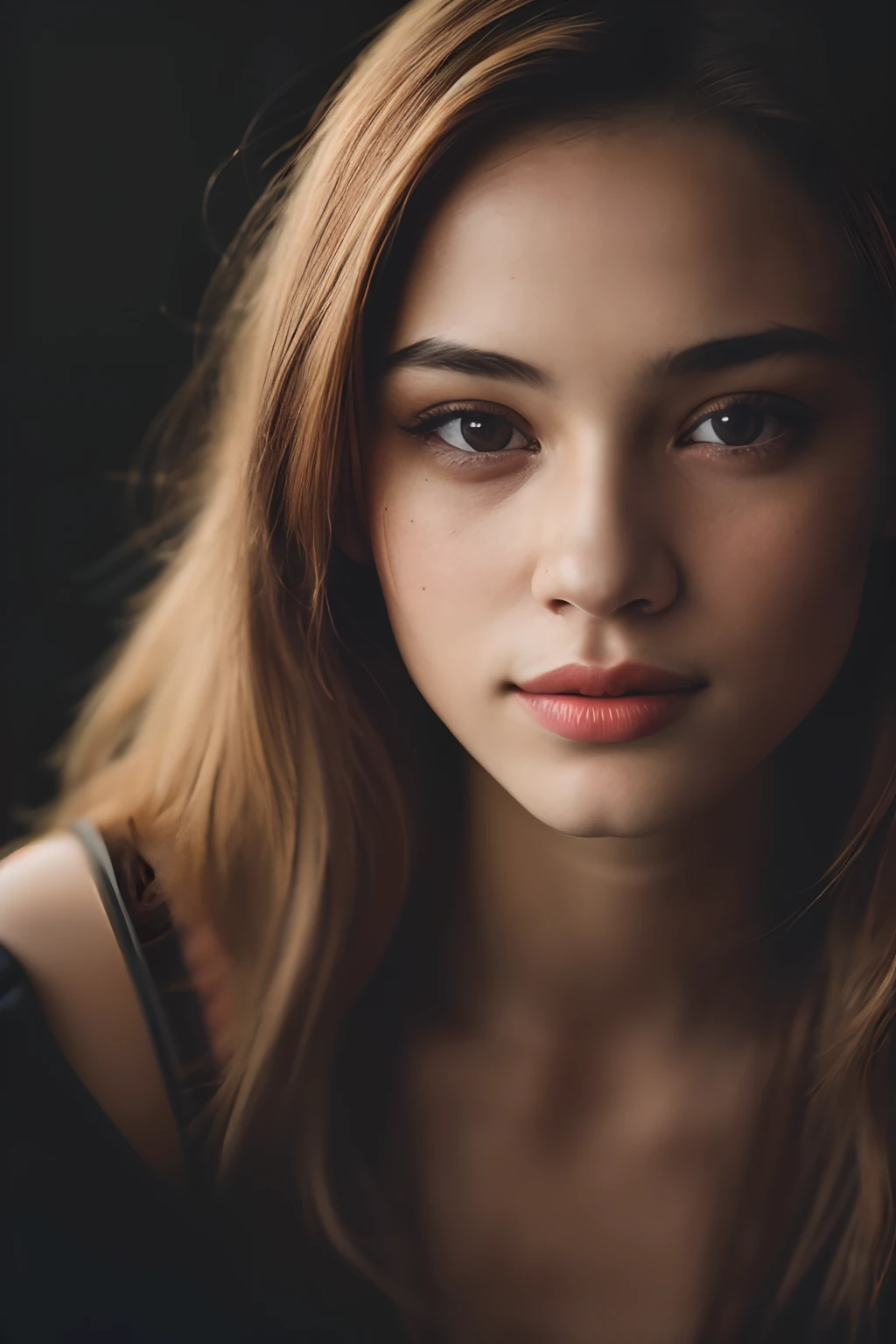 generating a close-up editorial photograph of a 21-year-old woman with a highly detailed face, a 0.7 probability of her smiling, against a moody, dark background in a private study setting. Imagine this as a POV shot directed by Lee Jeffries, using a Nikon D850 camera with 35mm Kodak Portra 400 film, equipped with f1.6 lenses for rich colors and hyper-realistic detail. Capture the texture and drama in the lighting, akin to Cinestill 800 film, to create a cinematic and highly detailed portrait.