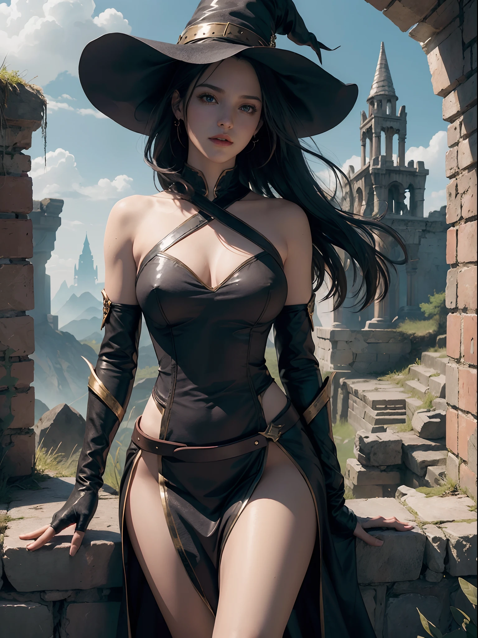 (by Greg Rutkowski: 1.2), (masterpiece), ((best quality)), extremely delicate and beautiful, illustration, dynamic lighting, magician girl in the ruins of an ancient civilization, 1 girl, (close-up), witch, magic, high leg, bare shoulders, knee high boots, elbow gloves, hat, (sparkling eyes), gradient hair, (Zanarkand), broken column, large chiseled bricks, engravings, strange symbols, (fantasy landscape), A mesmerizing fantasy landscape with enchanting elements blending seamlessly. A sense of tranquility and wonder fills the air, inviting exploration and discovery. 8K post-production, high resolution, ((highly detailed)), depth of field, HDR, intricate,