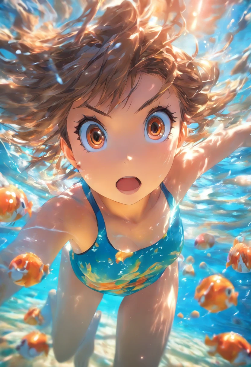 foreshortening, profundidade de campo, master part, best quality, 1girl, brown hair, olhos castanhos, cabelos longos, underwater, bolha de ar, sozinho, Olhando para o Viewer, school school swimsuit, swimming, luz solar fraca,