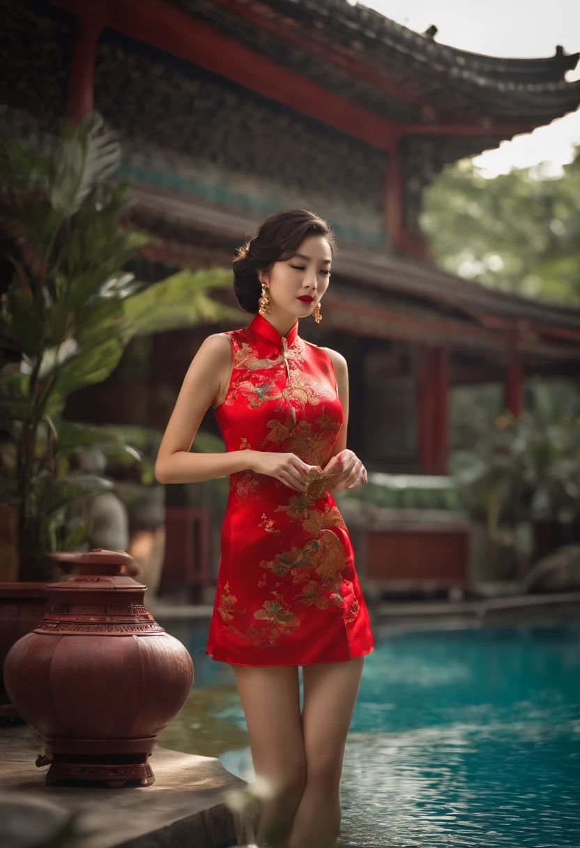 oriental girl,pool,Red cheongsam swimsuit