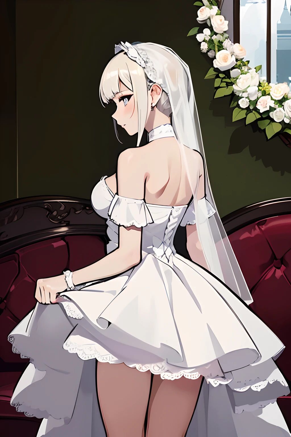 The 8k quality, Ultra-high quality rendering, High Quality Anime Bride, masutepiece, (Wide Angle), (Single Bride), (View from the back: 1.5), (White off-the-shoulder bride dress), (Back view of the bride), White transparent A-veil, Platinum Blonde Hair, (Beautiful profile bride), The hem of her dress was rolled up, (Sheer white lace panties on her ass), White stockings, Bouquet of flowers in left hand, And the sofa in front of her.,chiaki_Gallo_Aiwife