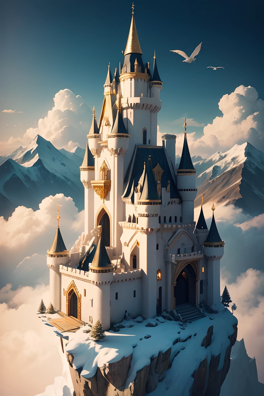 a white and gold castle, on top of a very high mountain, with clouds around it, seen from above and from afar, with birds and dragons around it, with no stairs to climb and no mountains the same size as it