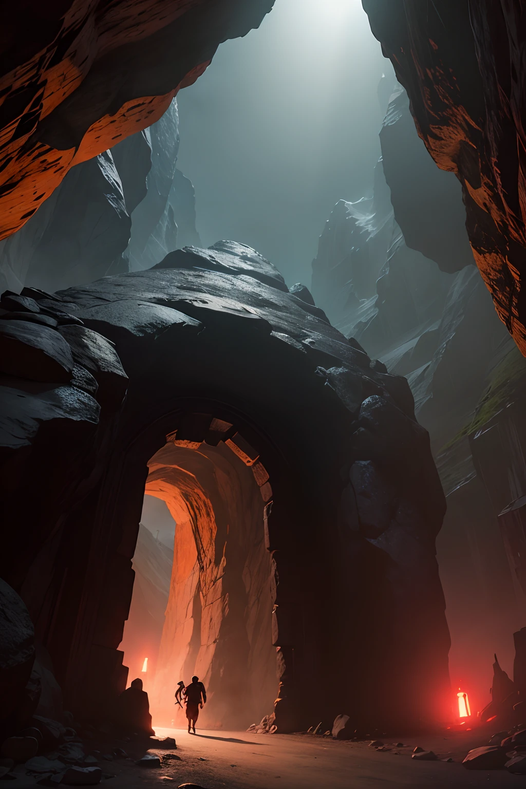 the entrance to a cave, with bats coming out, at the foot of a mountain, with a red light inside, seen from afar from the outside
