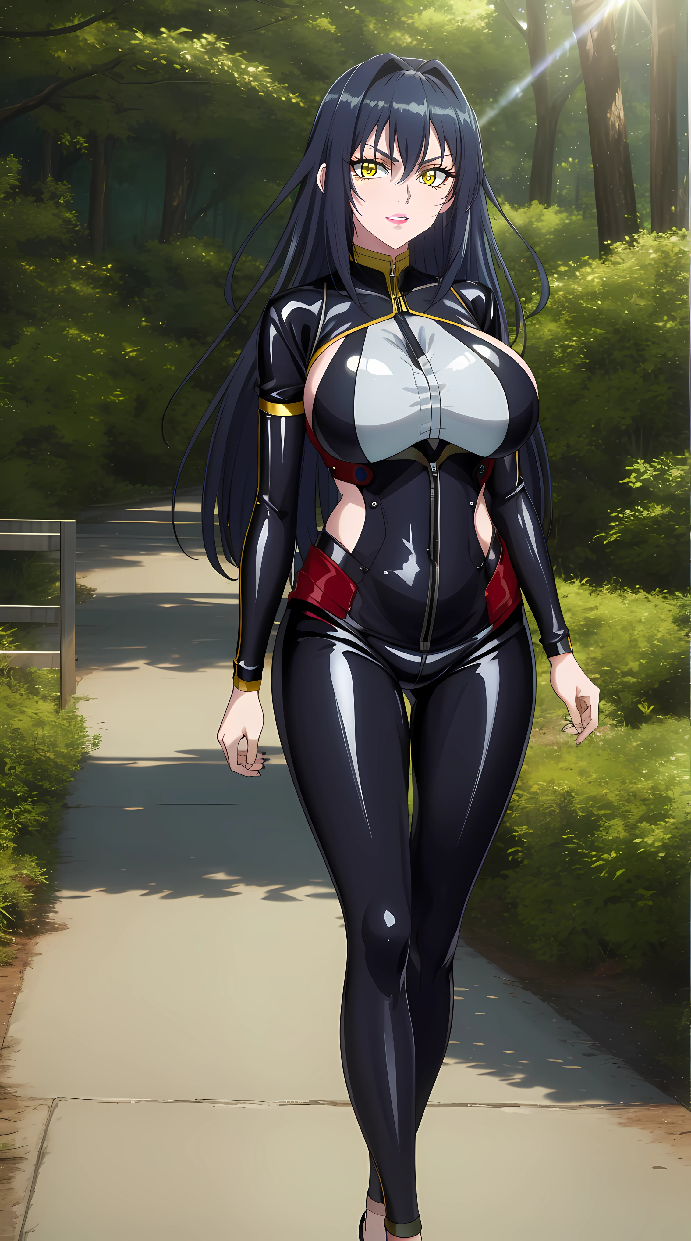 walking in forest, beautiful nature,
cowboy shot, Annerose,
black outfit, catsuit latex,
black_hair,yellow_eyes, long_hair, hair intakes,
1 girl, 35yo,mature female,Beautiful Finger,Beautiful long legs,Beautiful body,Beautiful Nose,Beautiful character design, perfect eyes, perfect face, exquisite fingers detail,
looking at viewer, (big_yellow_eyes:1.0),(smug:1.3),
official art,extremely detailed CG 8k wallpaper, perfect lighting,Colorful, Bright_Front_face_Lighting,
(masterpiece:1.0),(best_quality:1.0), ultra high res,4K,ultra-detailed,
photography, 8K, HDR, highres, absurdres:1.2, Kodak portra 400, film grain, blurry background, bokeh:1.2, lens flare, (vibrant_color:1.2)
(Beautiful,large_Breasts:1.4), (beautiful_face:1.5),(narrow_waist),