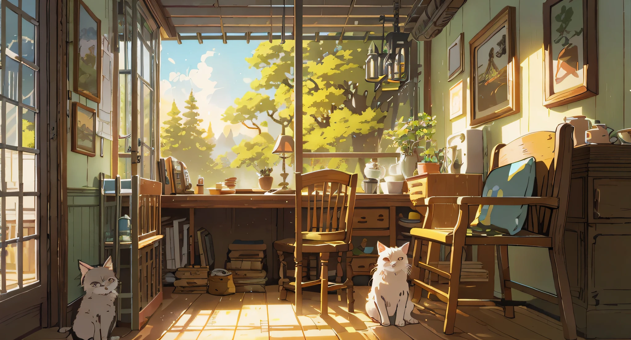There was a cat sitting in the room，There was a table and chairs, Relaxing concept art, highly detailed scenario, cozy home background, Anime background art, cozy cafe background, the setting sun，apartament, Detailed scenery —width 672, interior background art, atey ghailan 8 k, Cute detailed digital art, drawn in anime painter studio, In Studio Ghibli style