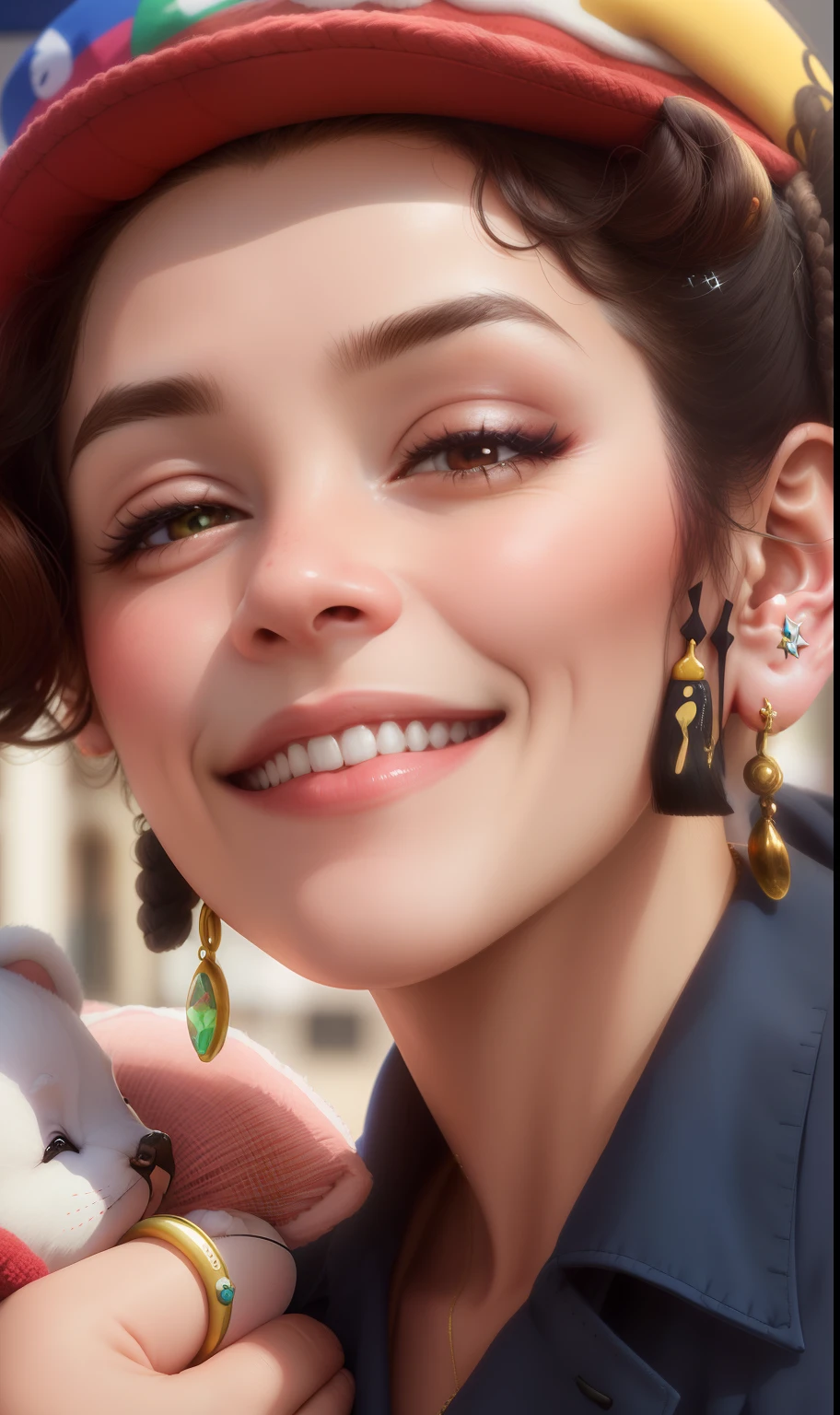 There's a woman holding a stuffed animal wearing a hat, brincos enormes e maquiagem queer, foto de perfil, foto de perfil, ligeiramente sorridente, usando brincos ornamentados, taken in the early 2020s, orelhas aferidas, muito ligeiramente sorridente, um brinco, imagem de perfil, foto do perfil, muito bobo olhando, olhando parcialmente para a esquerda, usando espinhos e piercings