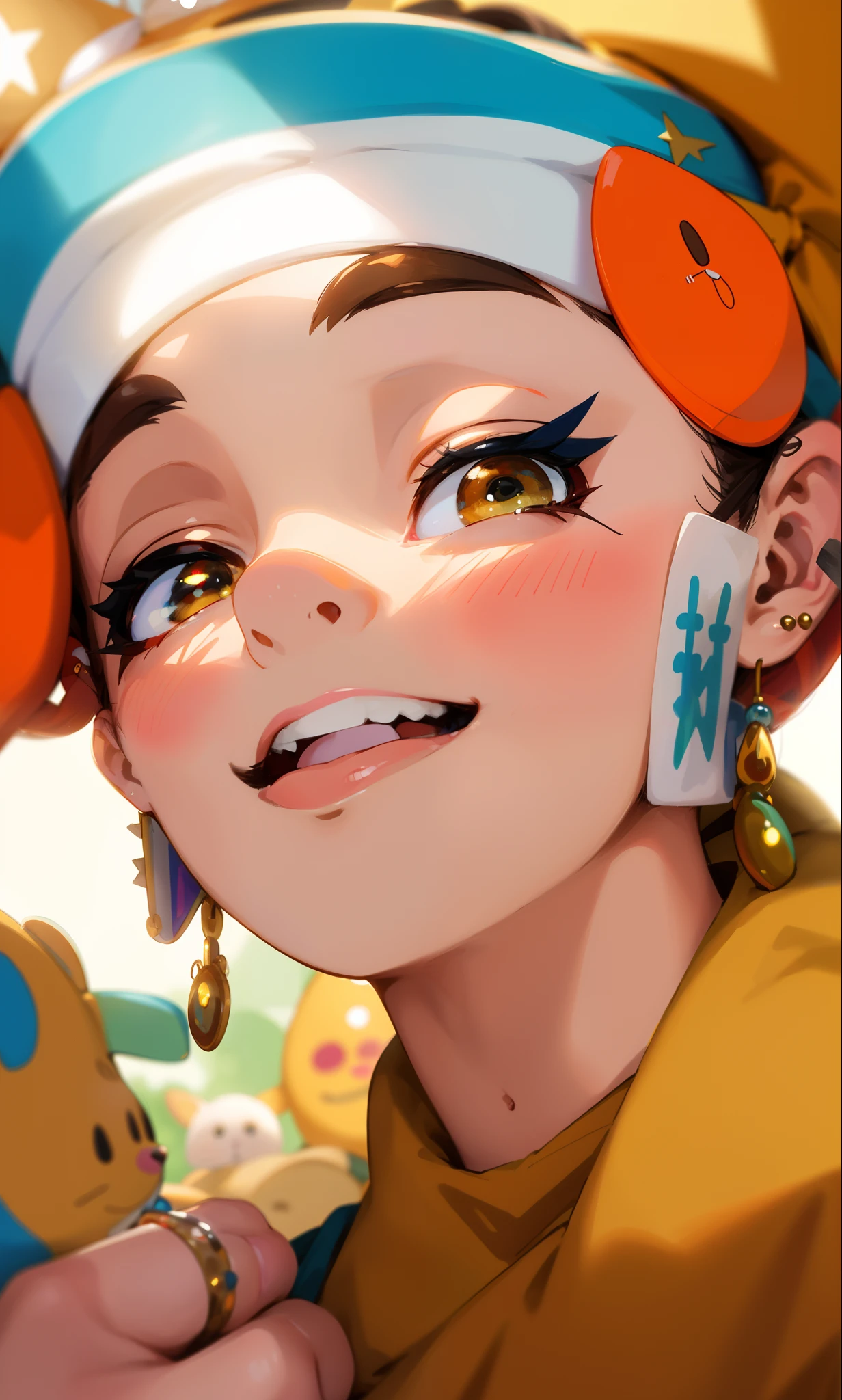 There's a woman holding a stuffed animal wearing a hat, brincos enormes e maquiagem queer, foto de perfil, foto de perfil, ligeiramente sorridente, usando brincos ornamentados, taken in the early 2020s, orelhas aferidas, muito ligeiramente sorridente, um brinco, imagem de perfil, foto do perfil, muito bobo olhando, olhando parcialmente para a esquerda, usando espinhos e piercings