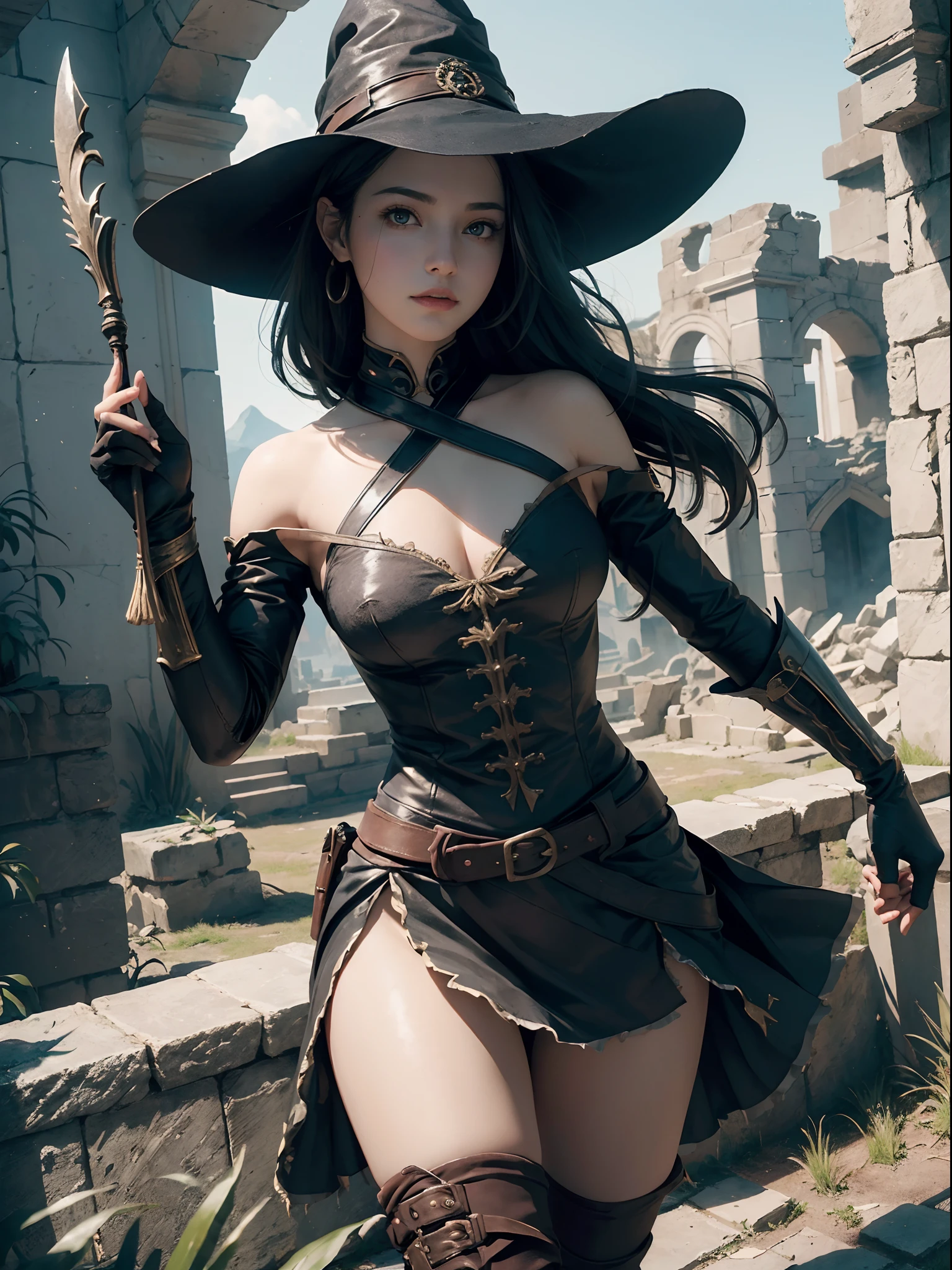 (by Greg Rutkowski: 1.2), (masterpiece), ((best quality)), extremely delicate and beautiful, illustration, dynamic lighting, magician girl in the ruins of an ancient civilization, 1 girl, (close-up), witch, magic, high leg, bare shoulders, knee high boots, elbow gloves, hat, (sparkling eyes), gradient hair, (Zanarkand), broken column, large chiseled bricks, engravings, strange symbols, (fantasy landscape), A mesmerizing fantasy landscape with enchanting elements blending seamlessly.  A sense of tranquility and wonder fills the air, inviting exploration and discovery. 8K post-production, high resolution, ((highly detailed)), depth of field, HDR, intricate,