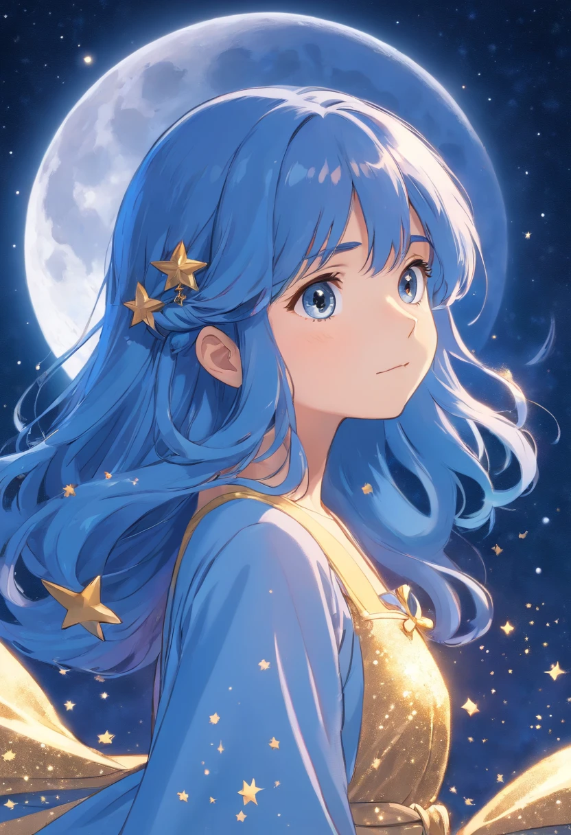 (best quality, masterpiece), 1girl, moon , glitter, dress, particle, stars, upper body, looking at viewer, blue long hair