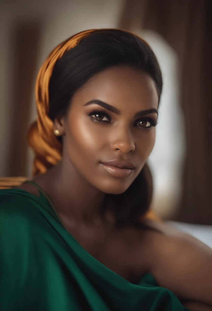 Arafed woman completely , fille sexy aux yeux brunsqui tend vers le vert,Nigerian Woman, metisse,ultra realist, femme avec des courbes,Meticulously detailed, Portrait Sophie Mudd, cheveux bruns et grands yeux, selfie of a young woman, Dubai Eyes, Violet Myers, sans maquillage, maquillage naturel, looking straight at camera, Visage avec Artgram, Maquillage subtil, Great photo of the whole body kneeling on the bed, dans la chambre, Medium to large bust