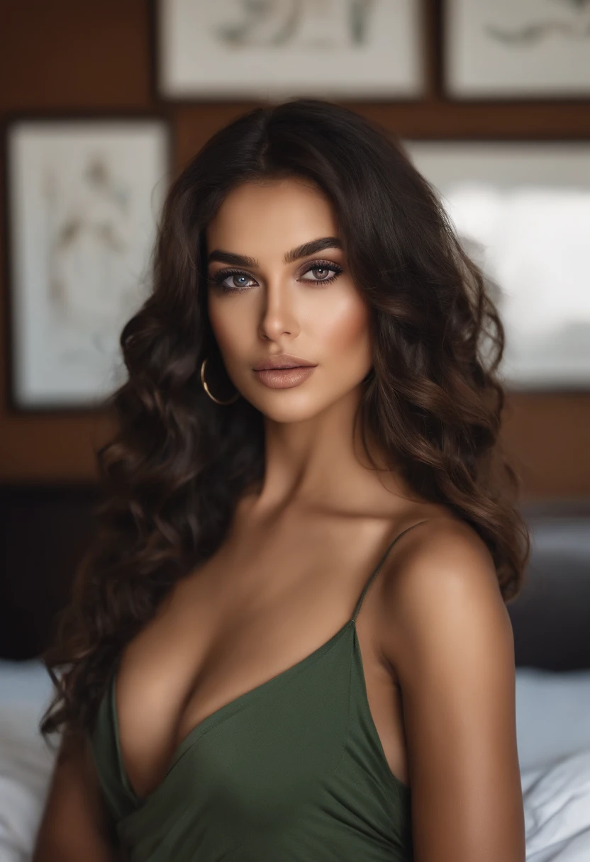 Arafed woman completely , fille sexy aux yeux brunsqui tend vers le vert,Nigerian Woman, metisse,ultra realist, femme avec des courbes,Meticulously detailed, Portrait Sophie Mudd, cheveux bruns et grands yeux, selfie of a young woman, Dubai Eyes, Violet Myers, sans maquillage, maquillage naturel, looking straight at camera, Visage avec Artgram, Maquillage subtil, Great photo of the whole body kneeling on the bed, dans la chambre, Medium to large bust