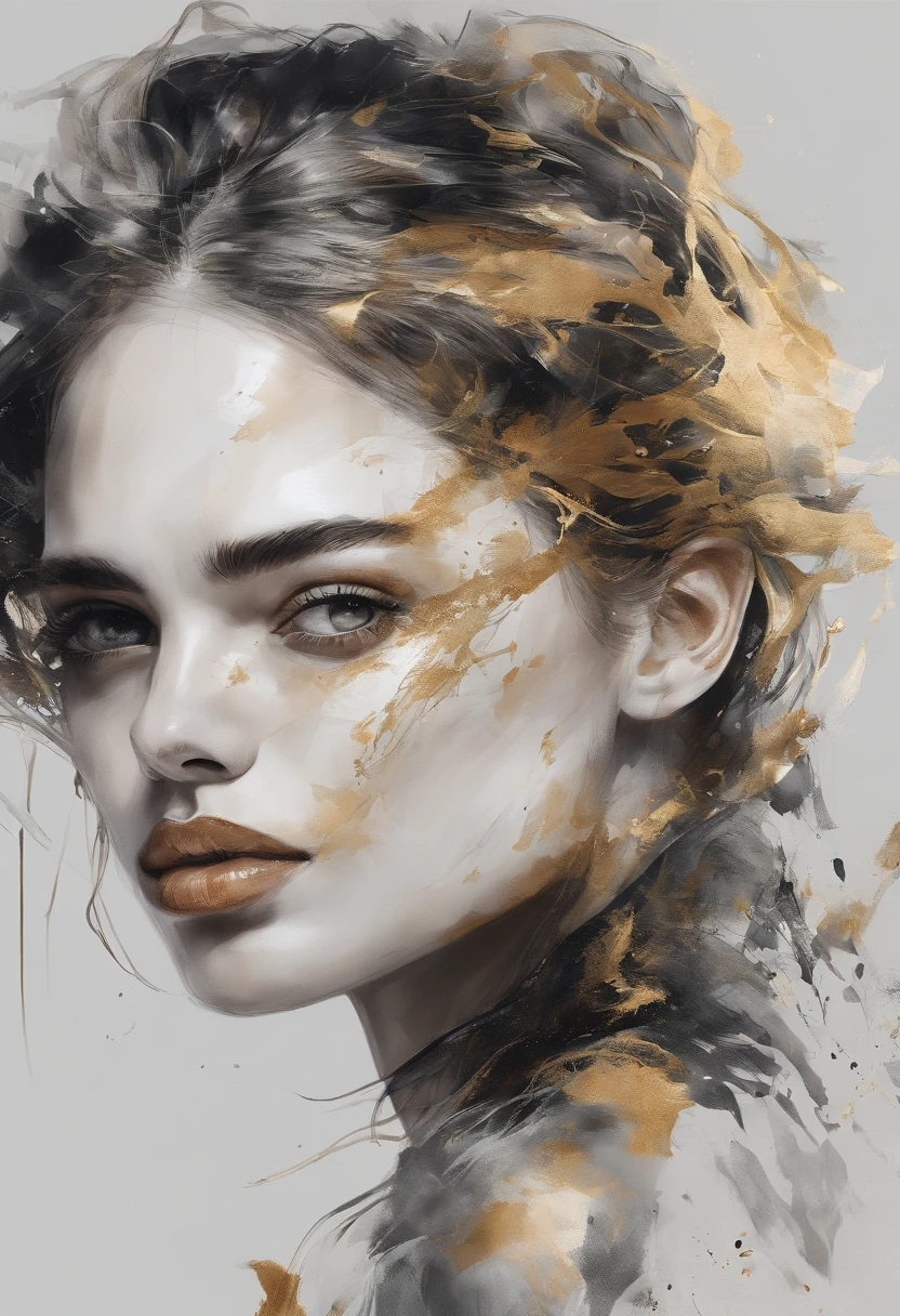 Perfect centralization, Fantastic Beams Black Gold Fantastic, alegria, Standing position, beleza abstrata, Centrado, looking at the camera, Facing the camera, Approaching perfection, Dynamic, altamente detalhado, liso, foco nítido, 8k, alta resolução, illustration, arte de Carne Griffiths e Wadim Kashin, thick and beautiful lips, olhos cor de mel, feixes laranja, feixes pastel, Rosto realista,