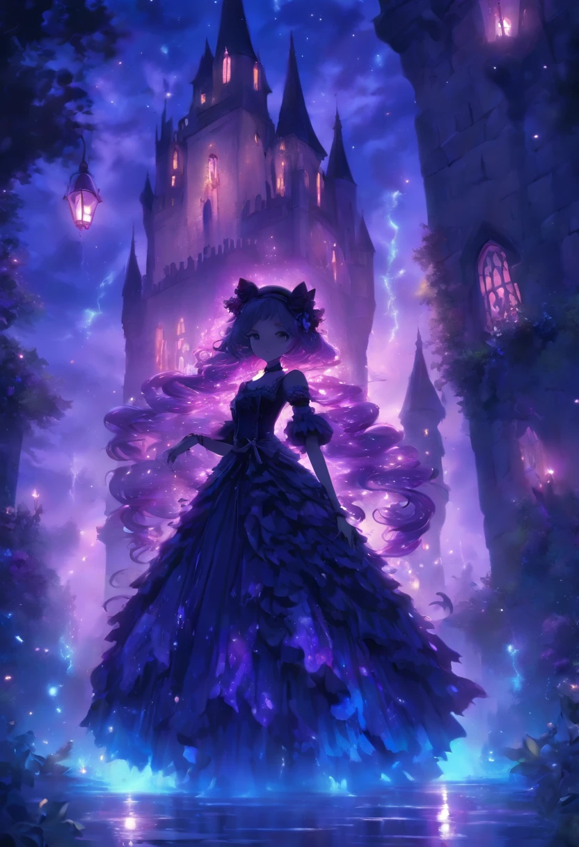 (a) gothic lolita, (dark, elegant:1.1), (purple-haired, long-haired), (wearing a dress, in a frilly dress), (carrying, holding) an umbrella, (frills, lace), (bow, ribbon), (standing, posing), (in front of) a moonlit castle

(b) surrounded by (purple fairy flame, ethereal flames:1.1), (glowing, flickering), (creating, casting) a soft, (magical, enchanting) light

(c) (mysterious, ominous) atmosphere, (dramatic, eerie) shadows, (moonlight, moonlit), (casting, illuminating) the scene

(d) (vibrant, rich) purple color palette, (deep, dark shades), (contrasting, highlighting) the gothic aesthetic

(e) (detailed, intricate) castle architecture, (towering, majestic) towers, (ornate, delicate) windows, (stone walls, battlements)

(f) (lush, overgrown) garden, (twisted, thorny) vines, (blooming, vibrant) flowers

(g) (enchanted, magical) atmosphere, (sparkling, shimmering) stars, (fluttering, glowing) fireflies

(h) (mysterious, haunting) music playing in the background, (melancholic, ethereal) melodies

(i) (fine art, oil painting)-like rendering, (realistic, detailed, lifelike) textures, (soft, smooth) brush strokes

(j) (vivid, rich) colors, (deep purples, contrasting hues), (subtle, nuanced) lighting effects

(k) (emphasize, highlight) the gothic aesthetic, (dramatic, theatrical) poses, (intricate, extravagant) details

(l) (high resolution, 4k, 8k), (ultra-detailed, hyper-realistic, photorealistic:1.37) output

Please remove the parentheses in the above and the content in the parentheses in prompt，And make sure not to add any new sentences or explanations。