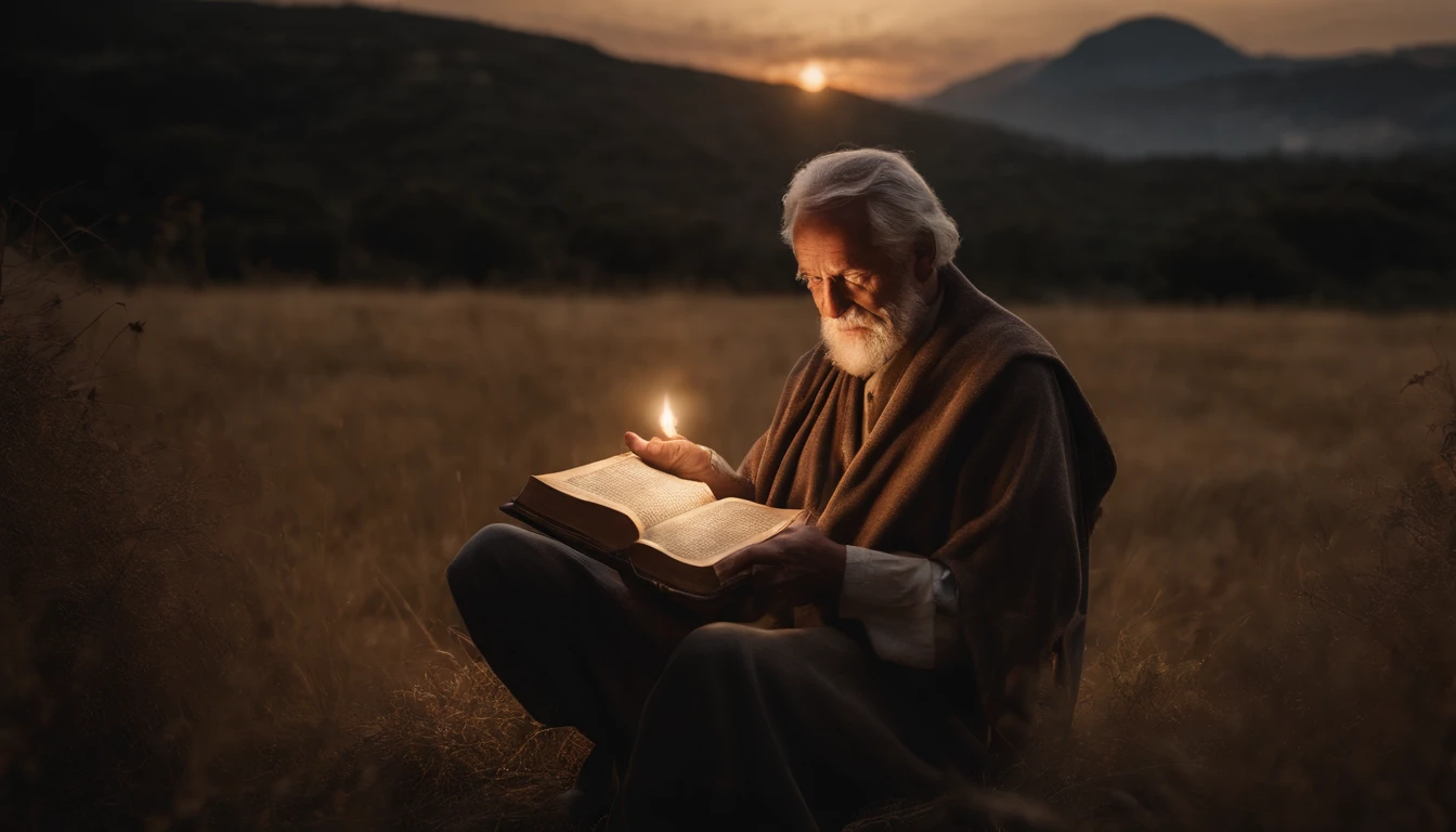 (Biblical times) On the left side of the image is an old man holding a luminous book in his hands, On the right side of the image is a scary demon (Biblical times) profundidade de campo, Bokeh, Realismo, fotorrealista, hiper-Realismo, fotografia profissional, 8k UHD , DSLR, HDR , piece of master, melhor qualidade, filme granulado, Pintura fotorrealista, Fujifilm XT3