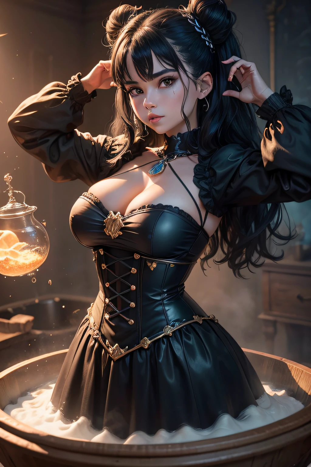 (((of the highest quality: 1.4))), ,(muito intrincado:1.3)(unparalleled masterpiece ever), (Ultra High Definition),(ultrarrealista 8k CG |),(actionpose), (((bruxa))) Stands tall and shows off her perfect figure ((obra prima)) a toda altura, in the eighteenth century blue style, evocando as ((Sky Blue Mystical Forces)) , hair black, rebites, rendas, bruxa, Fofa, coruja bubbling cauldron, Slime hair Penteado duplo buns estilo de cabelo, Efeito Tyndall, foto realistaa, Wizard world studio, Luz de borda, Dois tons brilhantes, (Very detailed skin: 1.2), 8k UHD, DSLR, luz suave, alta qualidade, Light Volumetric, realista, snapshot, high resolution, Qualidade 4K , 18K.