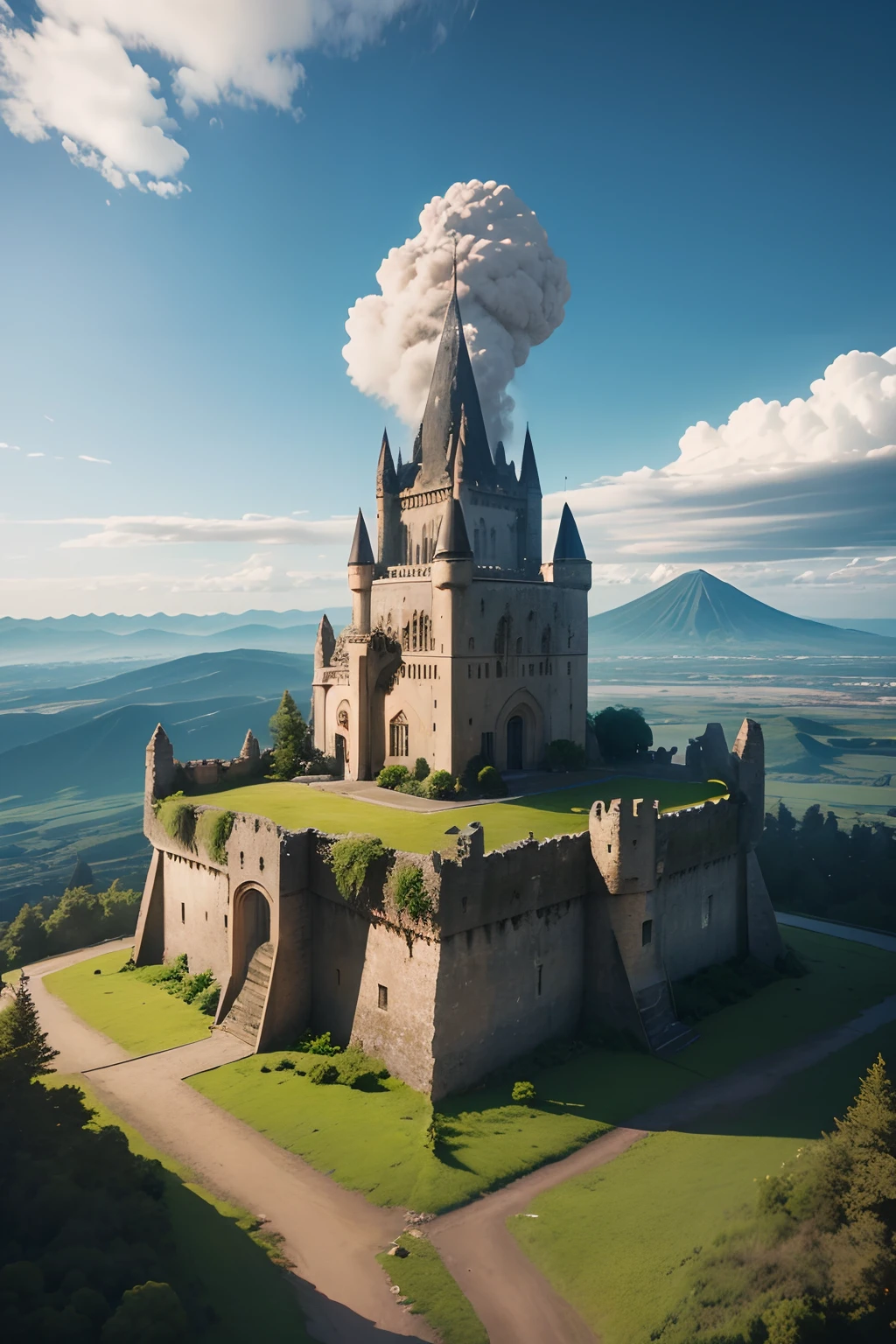 a stone castle in the middle of the
city, at the foot of a volcano, with the volcano releasing smoke, a mud road in front and a forest on the other, seen from above and from a distance