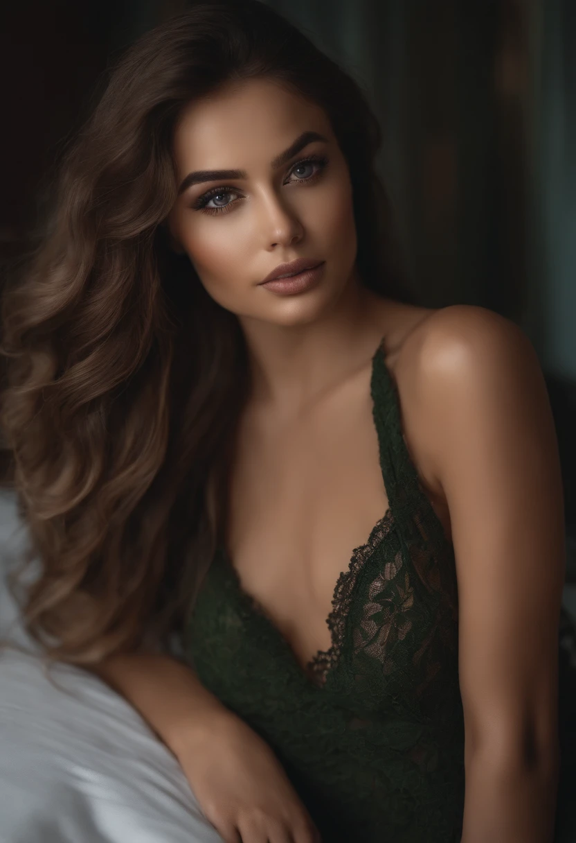 Arafed woman completely , fille sexy aux yeux brunsqui tend vers le vert, metisse,ultra realist, femme avec des courbes,Meticulously detailed, Portrait Sophie Mudd, cheveux bruns et grands yeux, selfie of a young woman, Dubai Eyes, Violet Myers, sans maquillage, maquillage naturel, looking straight at camera, Visage avec Artgram, Maquillage subtil, Great photo of the whole body kneeling on the bed, dans la chambre, Medium to large bust