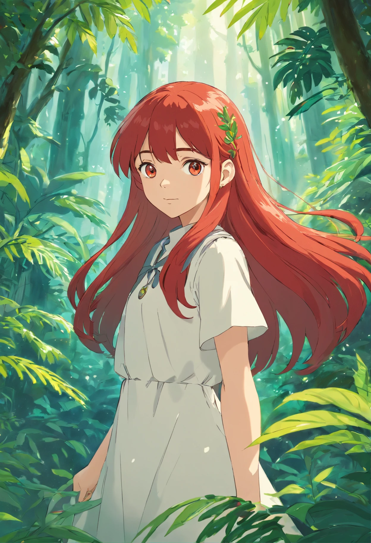 (best quality, masterpiece), 1girl, jungle , glitter, dress, particle, leaves, upper body, looking at viewer, red long hair