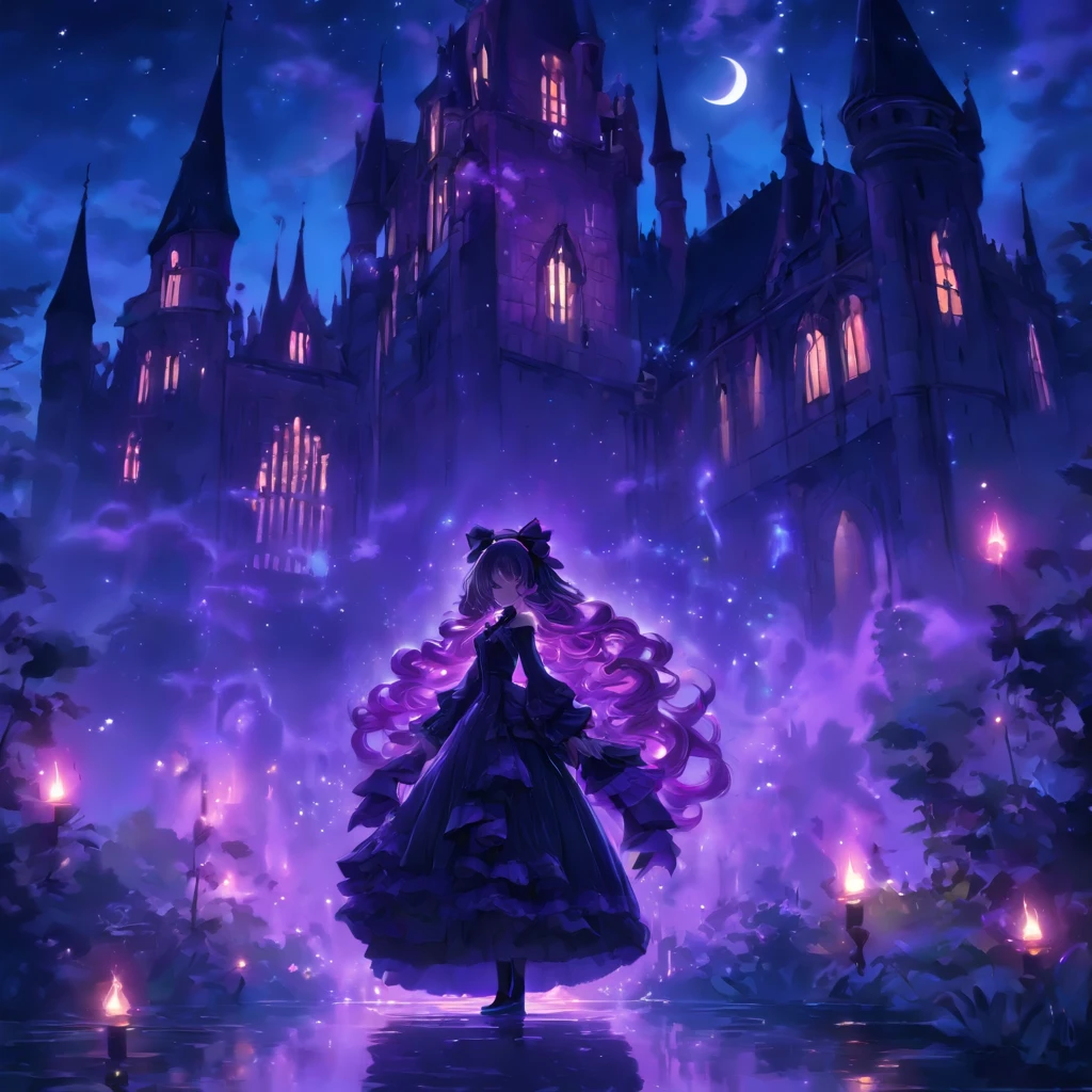 (a) gothic ta, (dark, elegant:1.1), (purple-haired, long-haired), (wearing a dress, in a frilly dress), (carrying, holding) an umbrella, (frills, lace), (bow, ribbon), (standing, posing), (in front of) a moonlit castle
(b) surrounded by (purple fairy flame, ethereal flames:1.1), (glowing, flickering), (creating, casting) a soft, (magical, enchanting) light
(c) (mysterious, ominous) atmosphere, (dramatic, eerie) shadows, (moonlight, moonlit), (casting, illuminating) the scene
(d) (vibrant, rich) purple color palette, (deep, dark shades), (contrasting, highlighting) the gothic aesthetic
(e) (detailed, intricate) castle architecture, (towering, majestic) towers, (ornate, delicate) windows, (stone walls, battlements)
(f) (lush, overgrown) garden, (twisted, thorny) vines, (blooming, vibrant) flowers
(g) (enchanted, magical) atmosphere, (sparkling, shimmering) stars, (fluttering, glowing) fireflies
(h) (mysterious, haunting) music playing in the background, (melancholic, ethereal) melodies
(i) (fine art, oil painting)-like rendering, (realistic, detailed, lifelike) textures, (soft, smooth) brush strokes
(j) (vivid, rich) colors, (deep purples, contrasting hues), (subtle, nuanced) lighting effects
(k) (emphasize, highlight) the gothic aesthetic, (dramatic, theatrical) poses, (intricate, extravagant) details
(l) (high resolution, 4k, 8k), (ultra-detailed, hyper-realistic, photorealistic:1.37) output
Please remove the parentheses in the above and the content in the parentheses in prompt,And make sure not to add any new sentences or explanations。