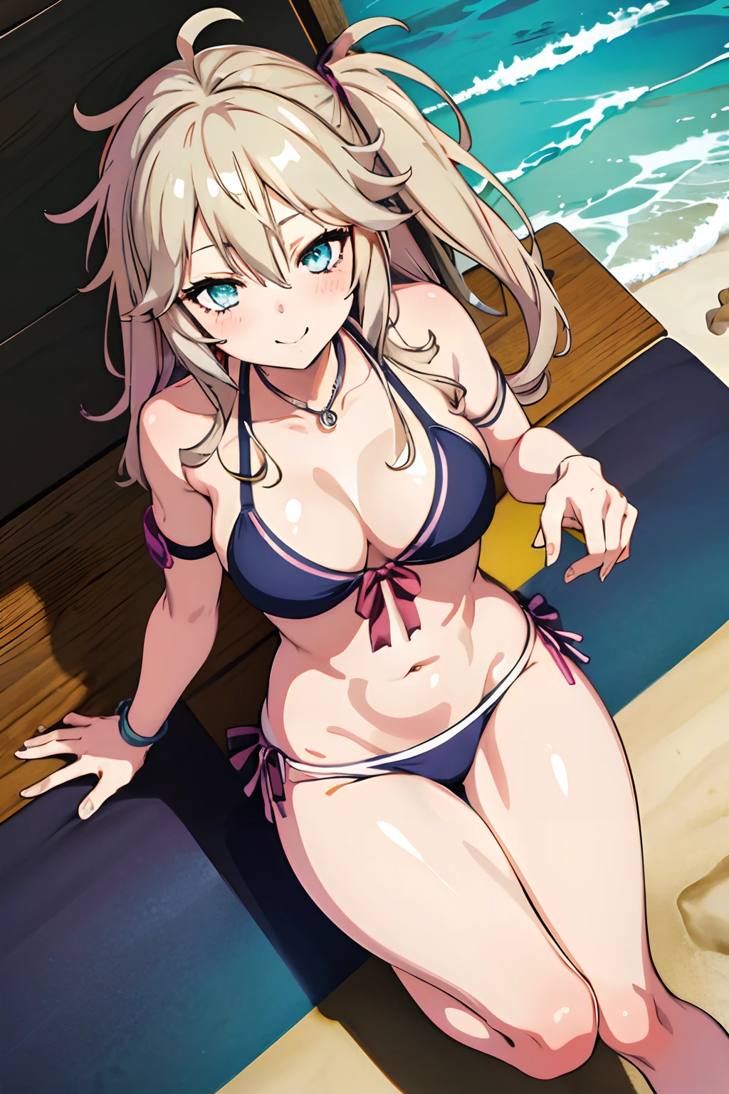 high-level image quality、masutepiece、4K,8K,Anime Cell Style,Best Quality, hight resolution,1girl in,Full body,Kasukabe Tsumugi,(bikini of:1.3),(Beach:1.3),blush、Happy smile