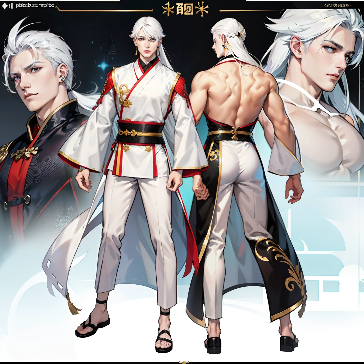 Pale skin man, male, black eyes, white hair, long hair, anime style, 4k image, full body, holographic background, Character sheet, Handsome male. Perfect face, 6 ft 5 tall man. White hair. Short hair. Grey eyes. Eyepatch. Earrings. Toned body. Muscular male, character design sheet，full bodyesbian, Full of details, body front view, body back view,  Full body, front and back view, muscle body, Traditional chinese clothes. Genshin Impact. Hydro vision. Bulge in pants. Liyue, ((Masterpiece, Highest quality)), Detailed face, character design sheet，full body esbian, Full of details, Highly detailed, Depth