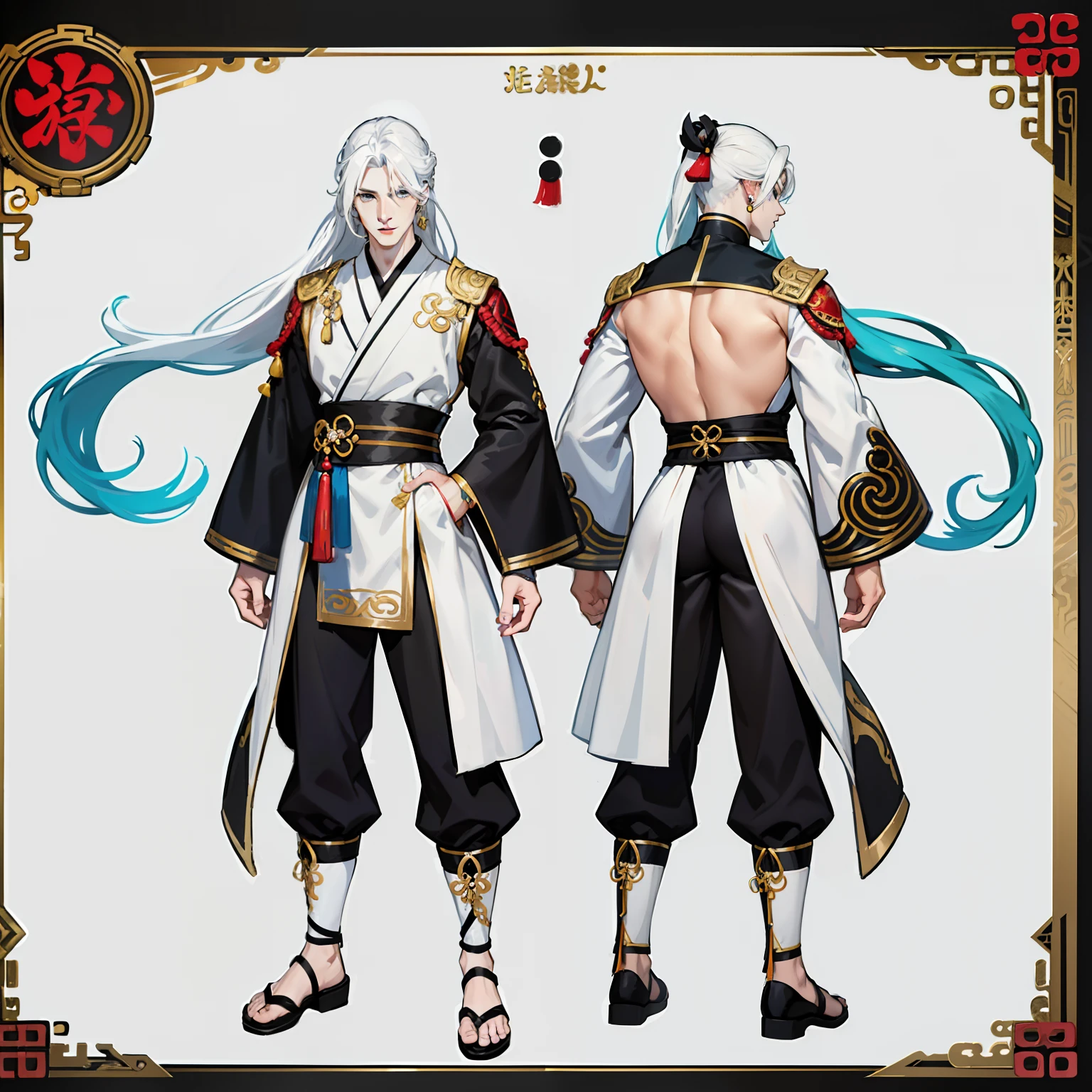 Pale skin man, male, black eyes, white hair, long hair, anime style, 4k image, full body, holographic background, Character sheet, Handsome male. Perfect face, 6 ft 5 tall man. White hair. Long hair. Grey eyes. Eyepatch. Earrings. Toned body. Muscular male, character design sheet，full bodyesbian, Full of details, body front view, body back view,  Full body, front and back view, muscle body, Traditional chinese clothes. Genshin Impact. Hydro vision. Bulge in pants. Liyue, ((Masterpiece, Highest quality)), Detailed face, character design sheet，full body esbian, Full of details, Highly detailed, Depth