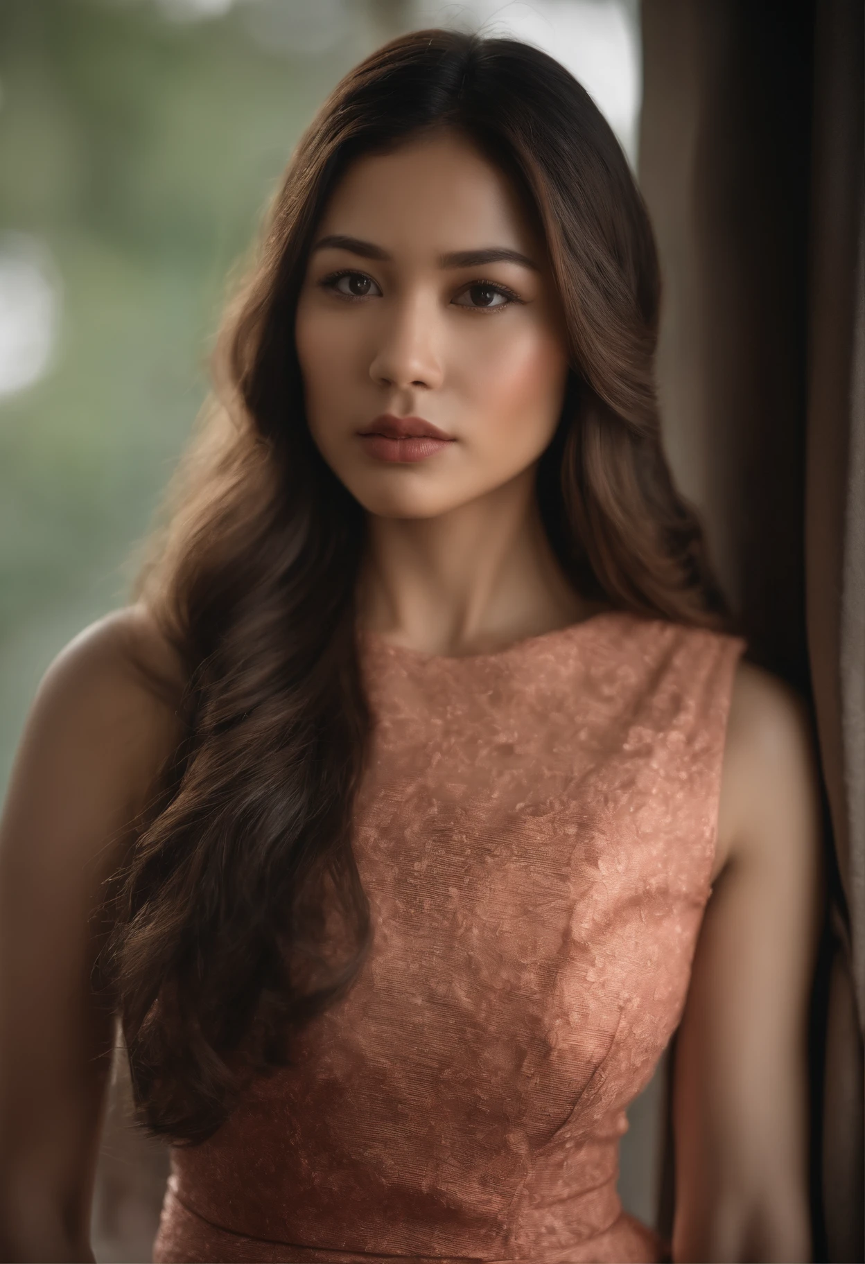photo of a indo-japanese, RAW, most beautiful girl, (extra long straight hair in a ponytail), ((portrait)), ((detailed face:1.2)), ((detailed facial features)), (finely detailed gloss skin), pale skin, high detailed deep cleavage bodycon hasmat suit, medium natural breast, megacity environment, damp, moist, reflections, (masterpiece) (perfect proportion)(realistic photo)(best quality) (detailed) photographed on a Canon EOS R5, 50mm lens, F/2.8, HDR, (8k) (wallpaper) (cinematic lighting) (dramatic lighting) (sharp focus) (intricate) (looking at camera)