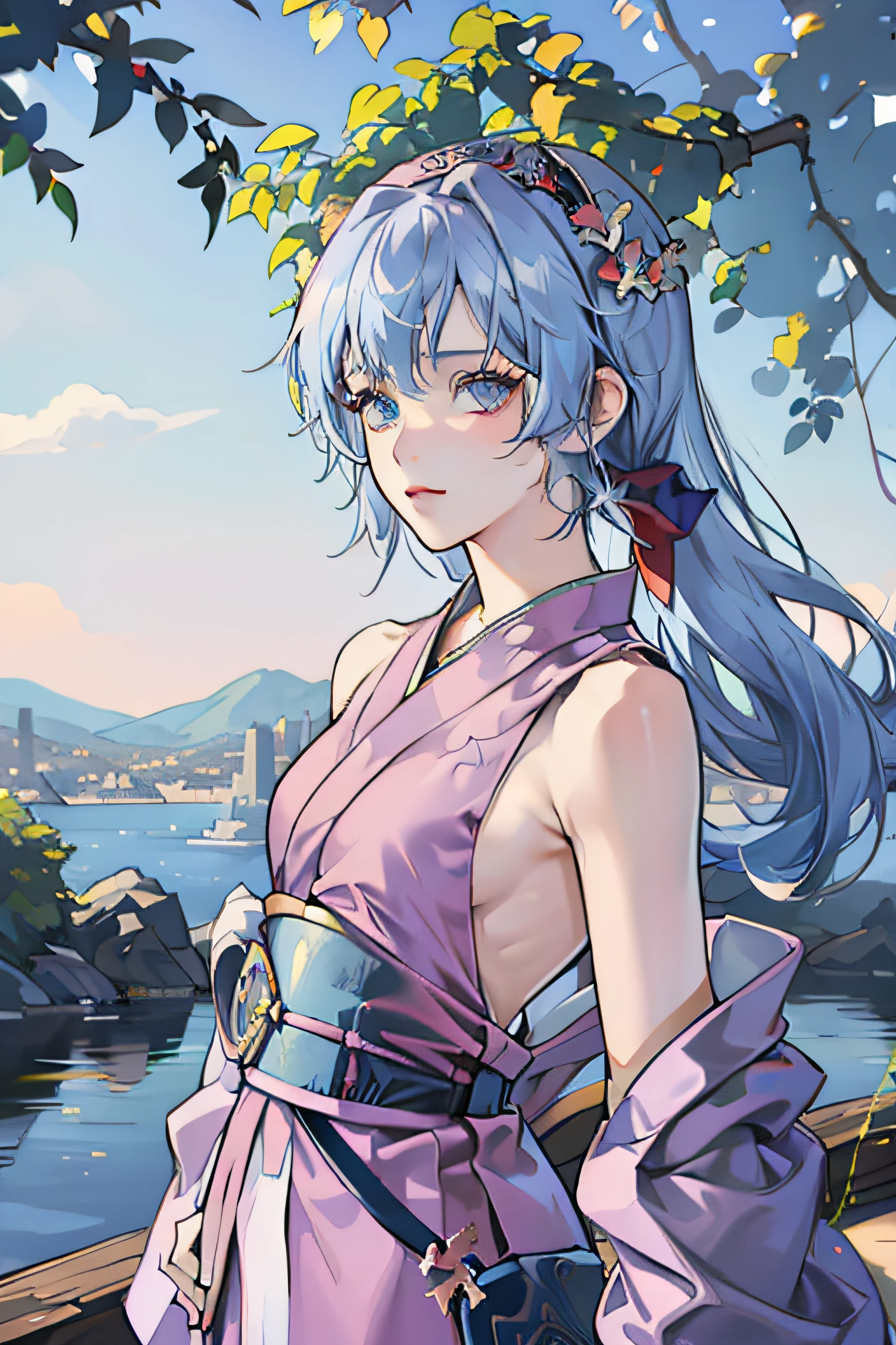 Anime High Girl, Wear a sexy kimono, Short kimono, Bare arms, Bare back, Bare shoulder, Walking, Long hair, Light blue hair, look at viewr, Blue eyes --auto