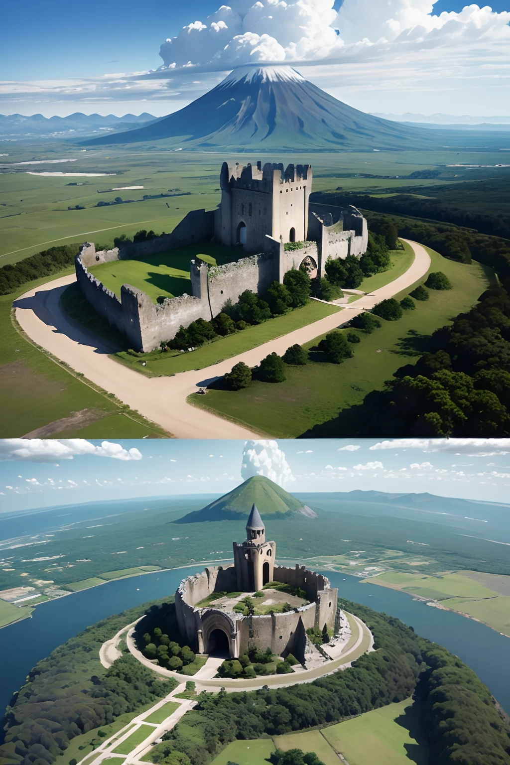 a stone castle in the middle of the
city, next to a volcano, a clay road in front and a forest on the other, seen from above and from a distance