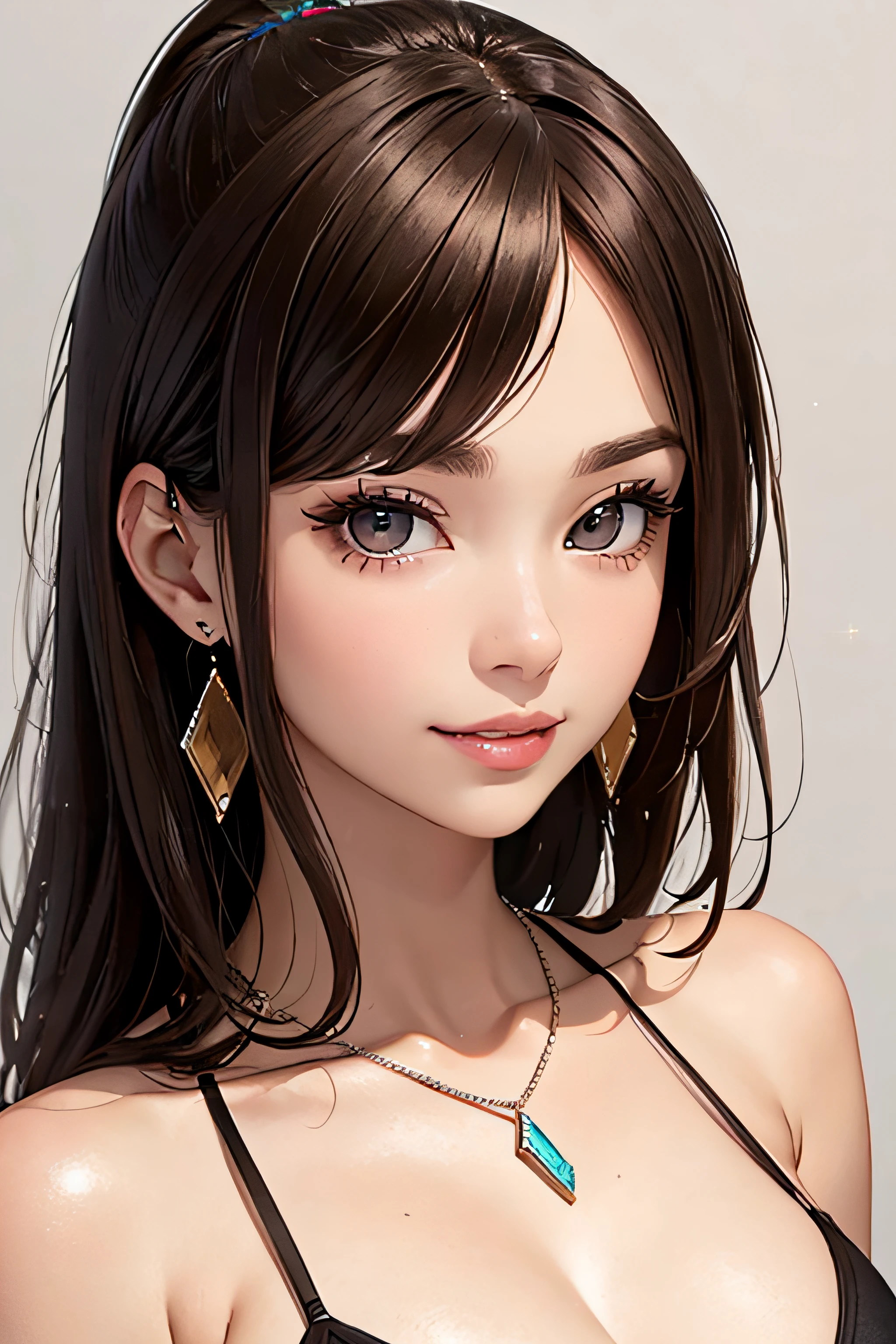 (One frontal photo), Beautiful face, Highly detailed face and skin texture, (Detailed eyes), Brown eyes, Double eyelids, Fine eyebrows, Glitter eyeliner: 1.2, Natural cheeks, Shiny skin, Light skin: 1.2, Shiny necklace and earrings, (Shiny lips: 1. 4), (Seductive smile), (20 years old), (High ponytail, Wavy hair, Brown hair, Diagonal bangs), Medium long hair, ((Upper body shot)), (Focus on chest and face), Medium large breasts, Perky breasts.