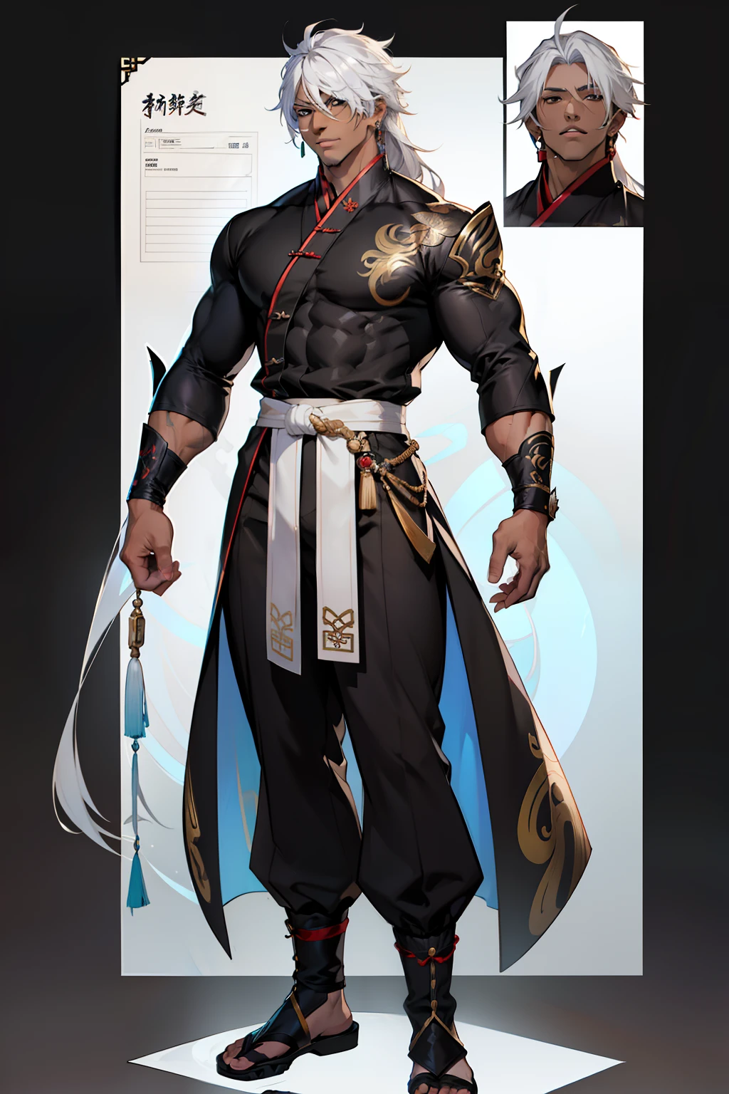 dark skin man, male, black eyes, white hair, long hair, anime style, 4k image, full body, holographic background, Character sheet, Handsome male. Perfect face, 6 ft 5 tall man. White hair. Long hair. Grey eyes. Eyepatch. Earrings. Toned body. Muscular male, character design sheet，full bodyesbian, Full of details, body front view, body back view,  Full body, muscle body, Traditional chinese clothes. Genshin Impact. Hydro vision. Bulge in pants. Liyue, ((Masterpiece, Highest quality)), Detailed face, character design sheet， full bodyesbian, Full of details, frontal body view, back body view, Highly detailed, Depth