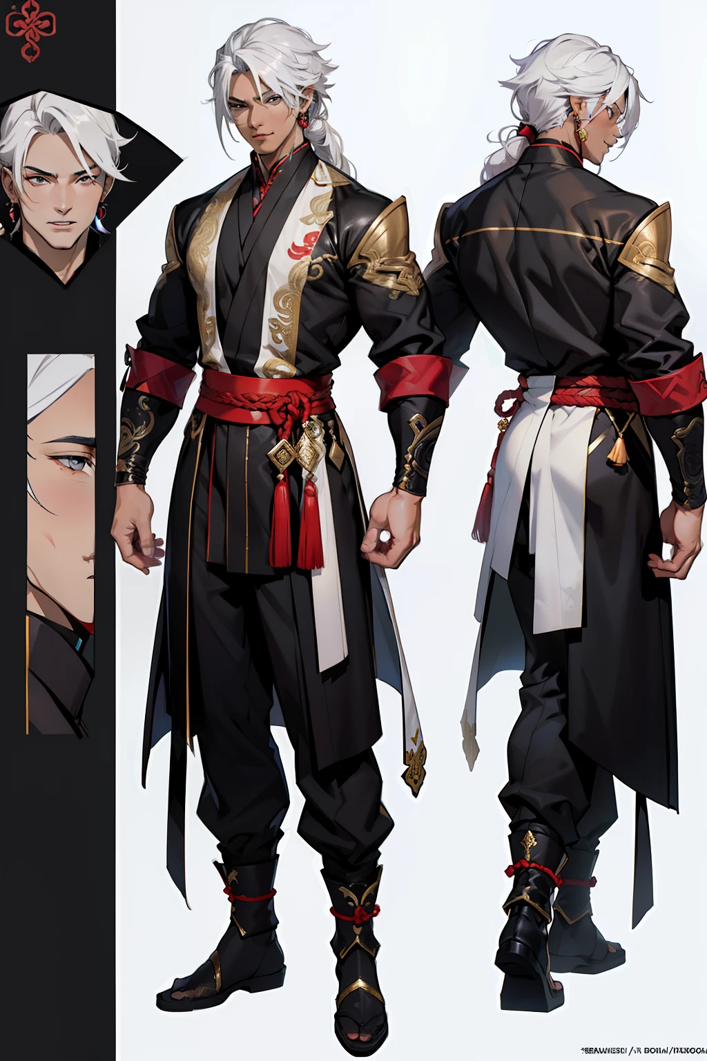 dark skin man, male, black eyes, white hair, long hair, anime style, 4k image, full body, holographic background, Character sheet, Handsome male. Perfect face, 6 ft 5 tall man. White hair. Long hair. Grey eyes. Eyepatch. Earrings. Toned body. Muscular male, character design sheet,full bodyesbian, Full of details, body front view, body back view, Full body, muscle body, Traditional chinese clothes. Genshin Impact. Hydro vision. Bulge in pants. Liyue, ((Masterpiece, Highest quality)), Detailed face, character design sheet, full bodyesbian, Full of details, frontal body view, back body view, Highly detailed, Depth