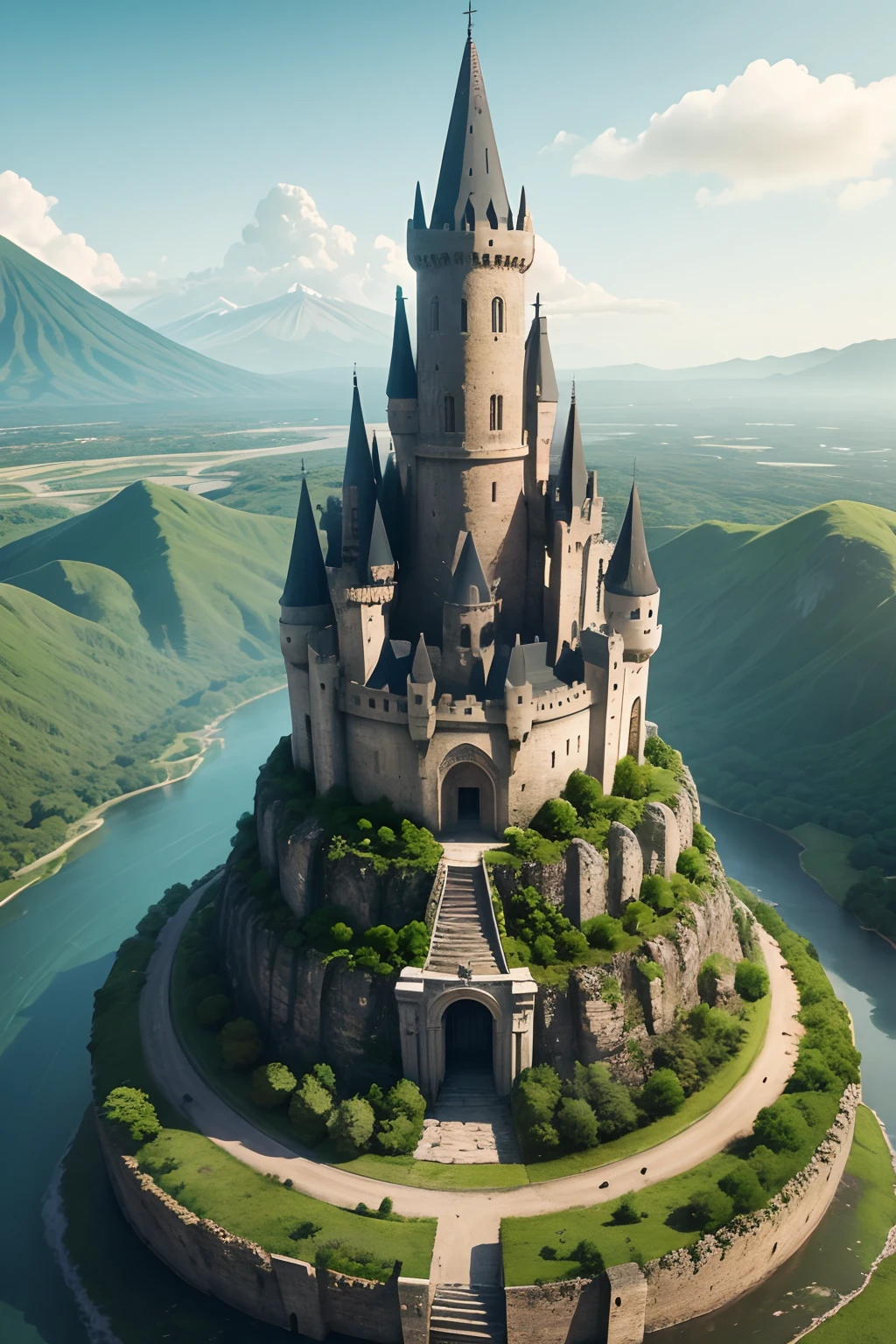 a stone castle in the middle of the
city, next to a volcano, a river on one side, a clay road in front and a forest on the other, seen from above and from afar