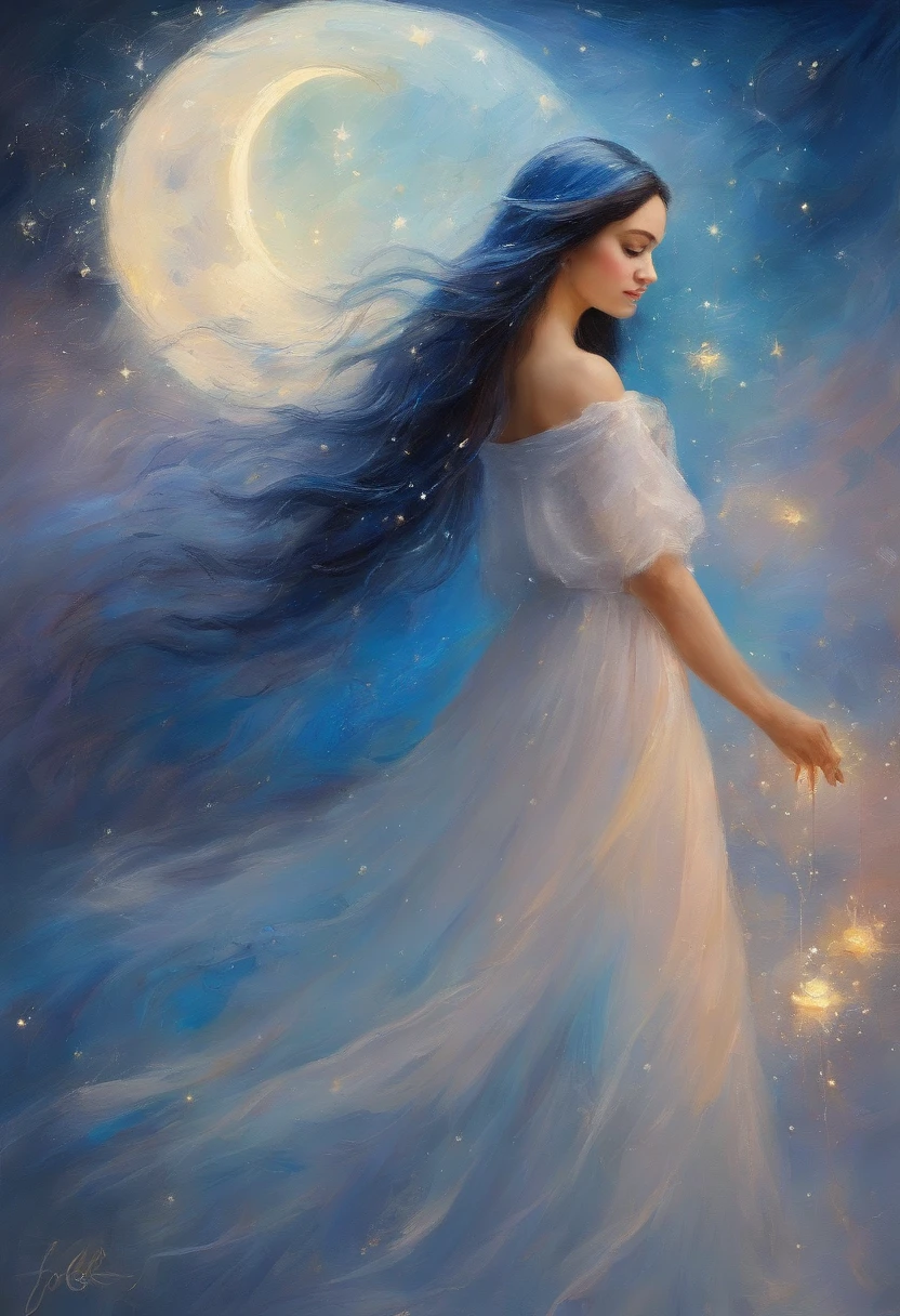 (best quality, masterpiece), 1girl, moon , glitter, dress, particle, stars, upper body, looking at viewer, blue long hair