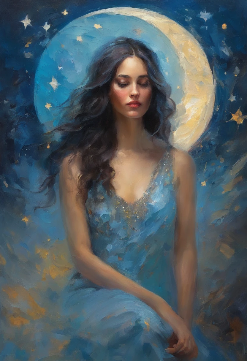 (best quality, masterpiece), 1girl, moon , glitter, dress, particle, stars, upper body, looking at viewer, blue long hair