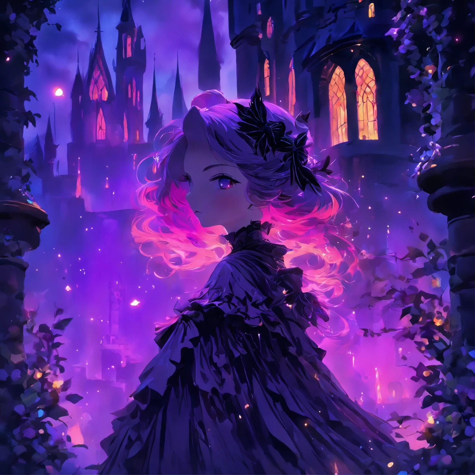 (a) gothic lolita, (dark, elegant:1.1), (purple-haired, long-haired), (wearing a dress, in a frilly dress), (carrying, holding) an umbrella, (frills, lace), (bow, ribbon), (standing, posing), (in front of) a moonlit castle
(b) surrounded by (purple fairy flame, ethereal flames:1.1), (glowing, flickering), (creating, casting) a soft, (magical, enchanting) light
(c) (mysterious, ominous) atmosphere, (dramatic, eerie) shadows, (moonlight, moonlit), (casting, illuminating) the scene
(d) (vibrant, rich) purple color palette, (deep, dark shades), (contrasting, highlighting) the gothic aesthetic
(e) (detailed, intricate) castle architecture, (towering, majestic) towers, (ornate, delicate) windows, (stone walls, battlements)
(f) (lush, overgrown) garden, (twisted, thorny) vines, (blooming, vibrant) flowers
(g) (enchanted, magical) atmosphere, (sparkling, shimmering) stars, (fluttering, glowing) fireflies
(h) (mysterious, haunting) music playing in the background, (melancholic, ethereal) melodies
(i) (fine art, oil painting)-like rendering, (realistic, detailed, lifelike) textures, (soft, smooth) brush strokes
(j) (vivid, rich) colors, (deep purples, contrasting hues), (subtle, nuanced) lighting effects
(k) (emphasize, highlight) the gothic aesthetic, (dramatic, theatrical) poses, (intricate, extravagant) details
(l) (high resolution, 4k, 8k), (ultra-detailed, hyper-realistic, photorealistic:1.37) output
Please remove the parentheses in the above and the content in the parentheses in prompt,And make sure not to add any new sentences or explanations。