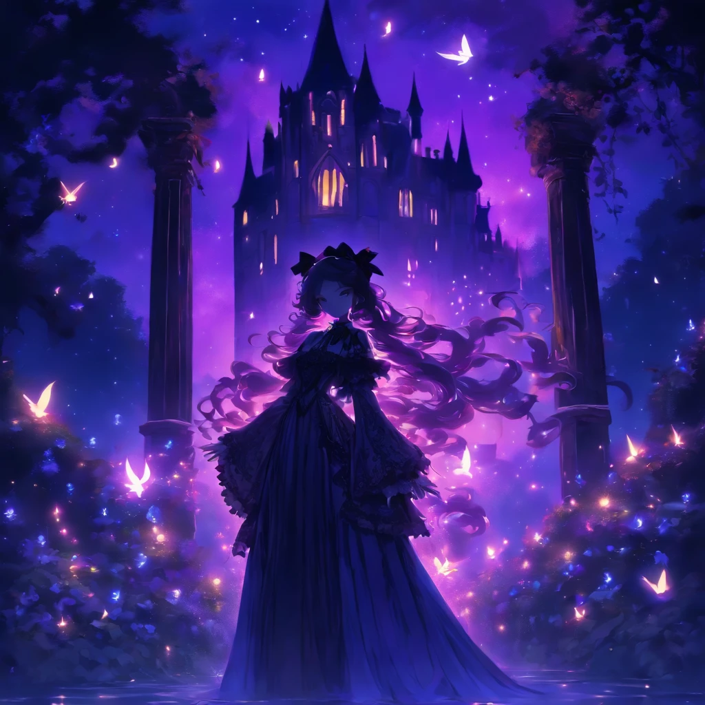 (a) gothic lolita, (dark, elegant:1.1), (purple-haired, long-haired), (wearing a dress, in a frilly dress), (carrying, holding) an umbrella, (frills, lace), (bow, ribbon), (standing, posing), (in front of) a moonlit castle
(b) surrounded by (purple fairy flame, ethereal flames:1.1), (glowing, flickering), (creating, casting) a soft, (magical, enchanting) light
(c) (mysterious, ominous) atmosphere, (dramatic, eerie) shadows, (moonlight, moonlit), (casting, illuminating) the scene
(d) (vibrant, rich) purple color palette, (deep, dark shades), (contrasting, highlighting) the gothic aesthetic
(e) (detailed, intricate) castle architecture, (towering, majestic) towers, (ornate, delicate) windows, (stone walls, battlements)
(f) (lush, overgrown) garden, (twisted, thorny) vines, (blooming, vibrant) flowers
(g) (enchanted, magical) atmosphere, (sparkling, shimmering) stars, (fluttering, glowing) fireflies
(h) (mysterious, haunting) music playing in the background, (melancholic, ethereal) melodies
(i) (fine art, oil painting)-like rendering, (realistic, detailed, lifelike) textures, (soft, smooth) brush strokes
(j) (vivid, rich) colors, (deep purples, contrasting hues), (subtle, nuanced) lighting effects
(k) (emphasize, highlight) the gothic aesthetic, (dramatic, theatrical) poses, (intricate, extravagant) details
(l) (high resolution, 4k, 8k), (ultra-detailed, hyper-realistic, photorealistic:1.37) output
Please remove the parentheses in the above and the content in the parentheses in prompt,And make sure not to add any new sentences or explanations。