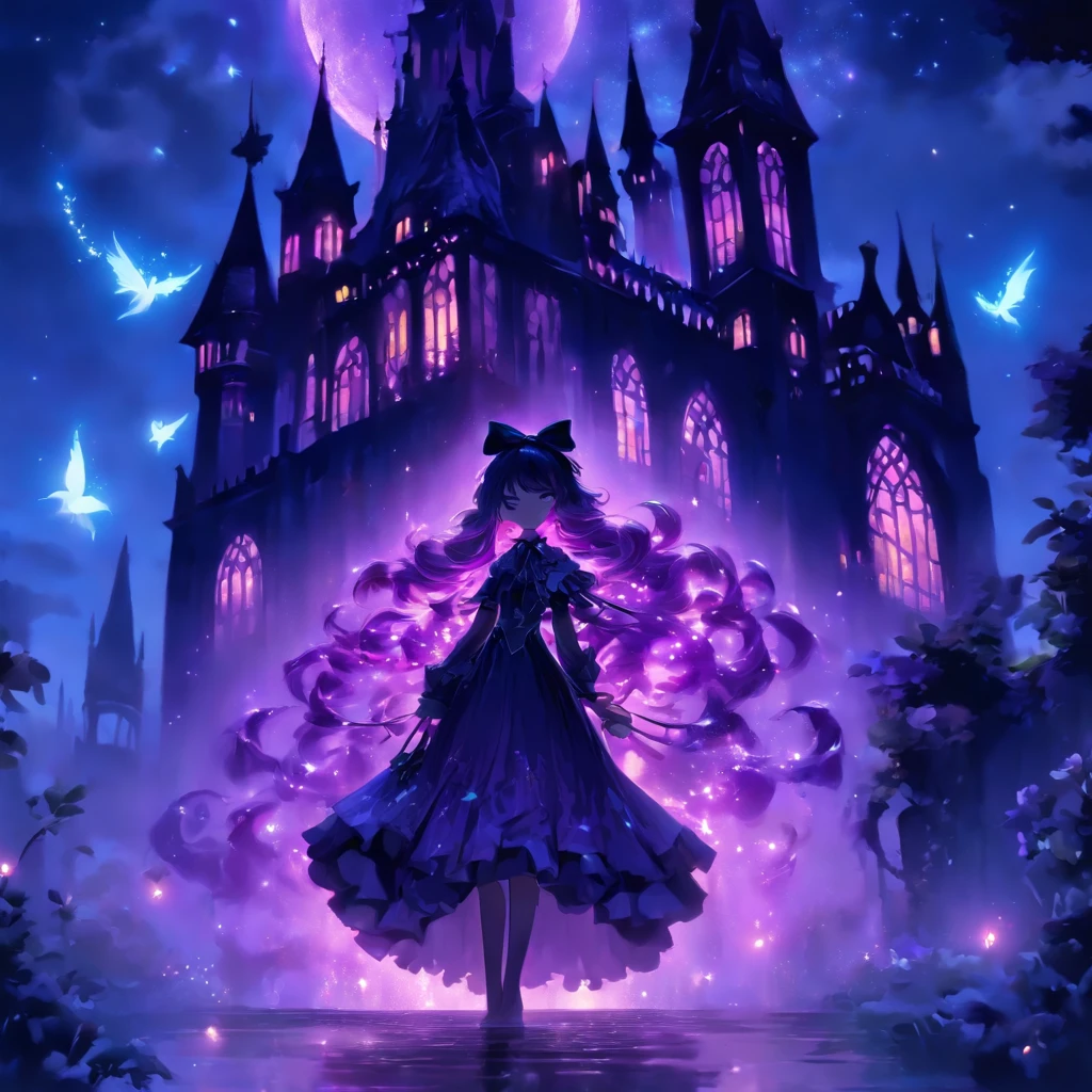 (a) gothic ta, (dark, elegant:1.1), (purple-haired, long-haired), (wearing a dress, in a frilly dress), (carrying, holding) an umbrella, (frills, lace), (bow, ribbon), (standing, posing), (in front of) a moonlit castle
(b) surrounded by (purple fairy flame, ethereal flames:1.1), (glowing, flickering), (creating, casting) a soft, (magical, enchanting) light
(c) (mysterious, ominous) atmosphere, (dramatic, eerie) shadows, (moonlight, moonlit), (casting, illuminating) the scene
(d) (vibrant, rich) purple color palette, (deep, dark shades), (contrasting, highlighting) the gothic aesthetic
(e) (detailed, intricate) castle architecture, (towering, majestic) towers, (ornate, delicate) windows, (stone walls, battlements)
(f) (lush, overgrown) garden, (twisted, thorny) vines, (blooming, vibrant) flowers
(g) (enchanted, magical) atmosphere, (sparkling, shimmering) stars, (fluttering, glowing) fireflies
(h) (mysterious, haunting) music playing in the background, (melancholic, ethereal) melodies
(i) (fine art, oil painting)-like rendering, (realistic, detailed, lifelike) textures, (soft, smooth) brush strokes
(j) (vivid, rich) colors, (deep purples, contrasting hues), (subtle, nuanced) lighting effects
(k) (emphasize, highlight) the gothic aesthetic, (dramatic, theatrical) poses, (intricate, extravagant) details
(l) (high resolution, 4k, 8k), (ultra-detailed, hyper-realistic, photorealistic:1.37) output
Please remove the parentheses in the above and the content in the parentheses in prompt,And make sure not to add any new sentences or explanations。
