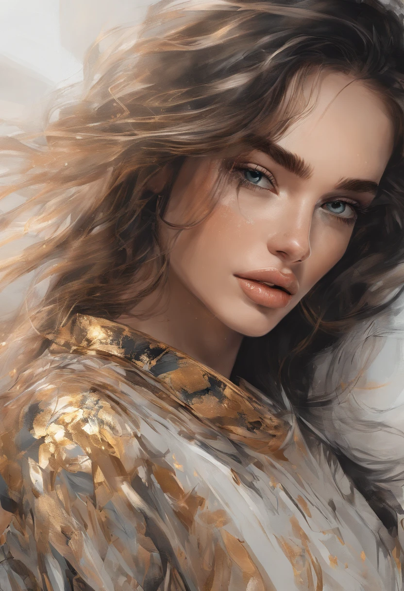 Perfect centralization, Fantastic Beams Fantastic Black Gold, alegria, Standing position, beleza abstrata, Centrado, looking at the camera, Facing the camera, Approaching perfection, Dynamic, altamente detalhado, liso, foco nítido, 8k, alta resolução, illustration, arte de Carne Griffiths e Wadim Kashin, thick and beautiful lips, olhos cor de mel, feixes laranja, feixes pastel, Rosto realista, modelo do tiktok @foxkalica_ofc