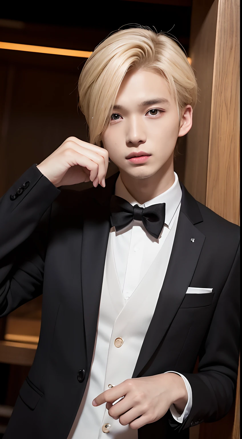 4K、top-quality、masutepiece、1male people、a blond、((Reaping))、(20-year-old male living in Japan)、Work in a Host Club,Black suit、Looking at the camera