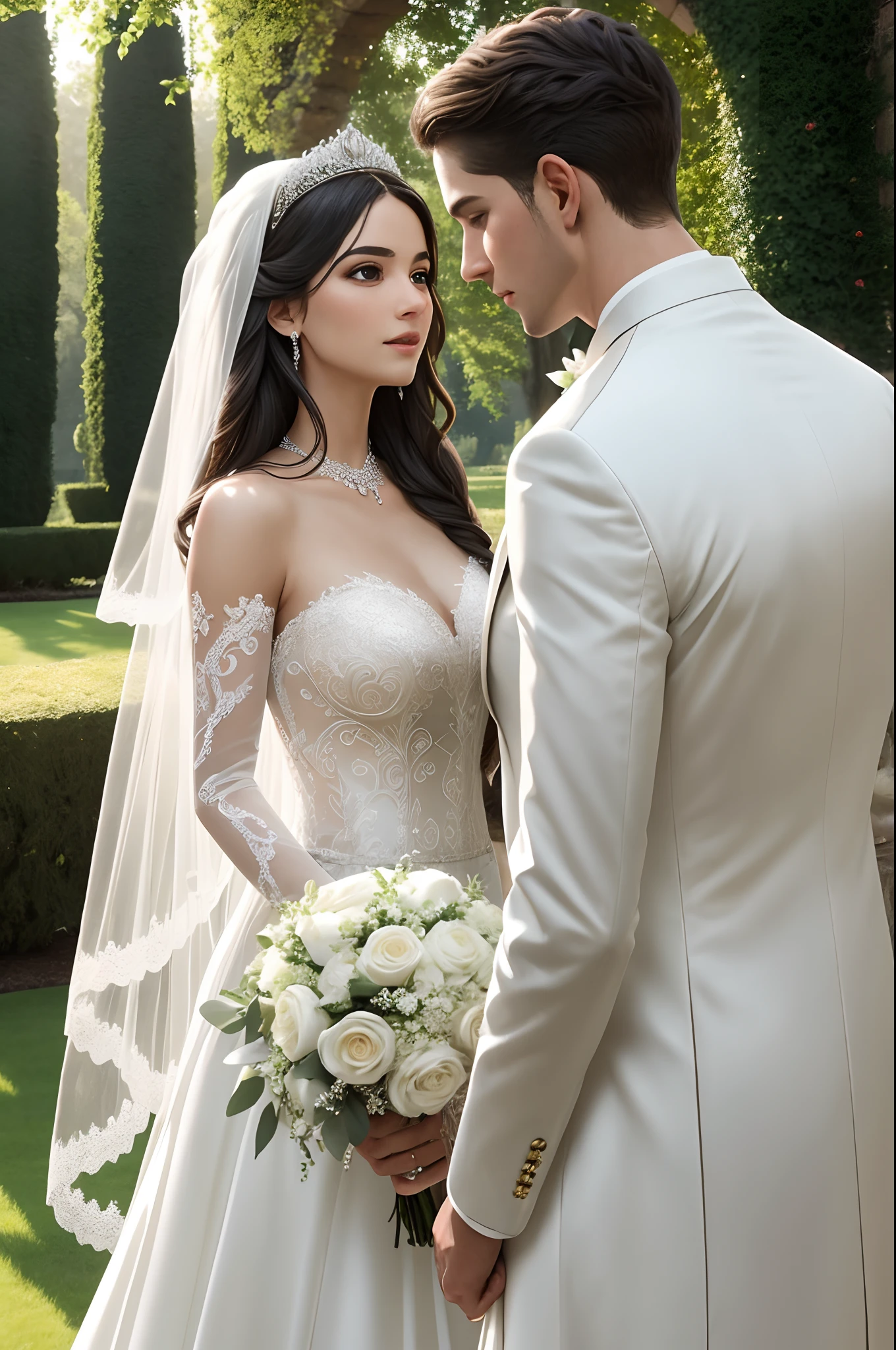 Close up of a bride and groom, wedding. The bride wears an elegant satin dress, puffed long leeves with lace, creamy white satin, with silver and sapphire embellishments, silver tiara with medium long veil. The groom wears a bohemian but elegant white outfit, he has long wavy black hair. Garden of a casttle, flowery trees, sunny day as background, illuminated by soft natural light, photorealistic.