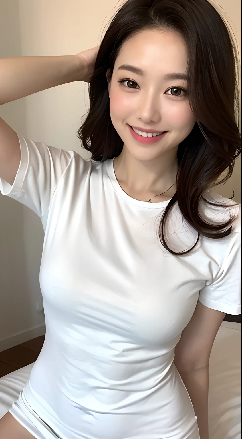 White tight skinny shirt、White tight mini skirt、bed、smile、Short sleeve、high resolution、Korean idol face、double eyelid、White teeth、Medium Hair