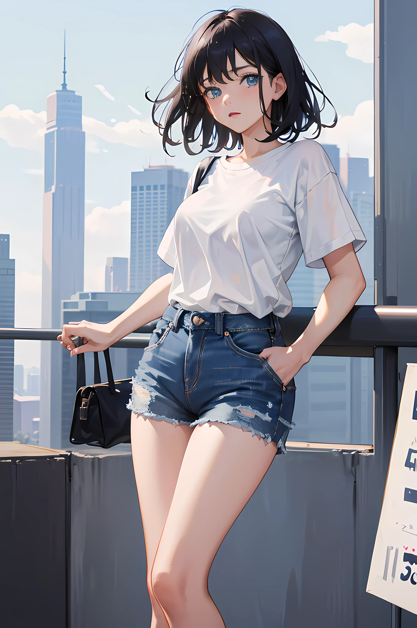 top-quality、masterpiece、8K、25-year-old female、(Black hair、boyish、short-haired、glares、Glaring、is standing、posterior view)、Denim Mini Skirt、White sneakers、(((Very low perspective、Angle from below、Composition examination、look up between your legs、White panties、White underwear、Panchira)))、In the street、during daytime、background buildings and sky